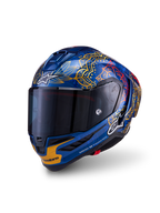 Alpinestars Supertech R10 Martinator Thai-helm, blauw carbon met gouden graphics en een donker getint vizier.