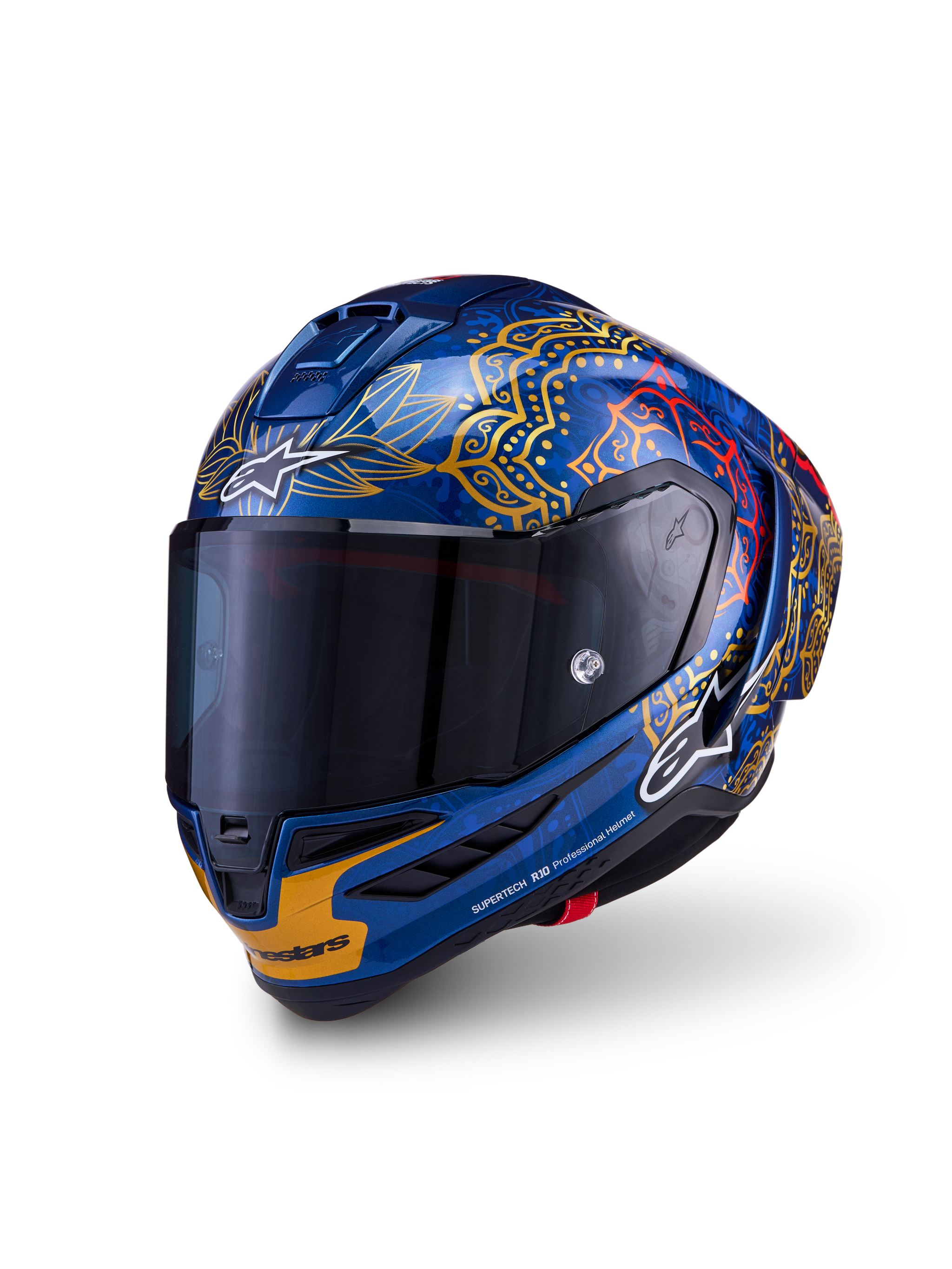 Alpinestars Supertech R10 Martinator Thai-helm, blauw carbon met gouden graphics en een donker getint vizier.