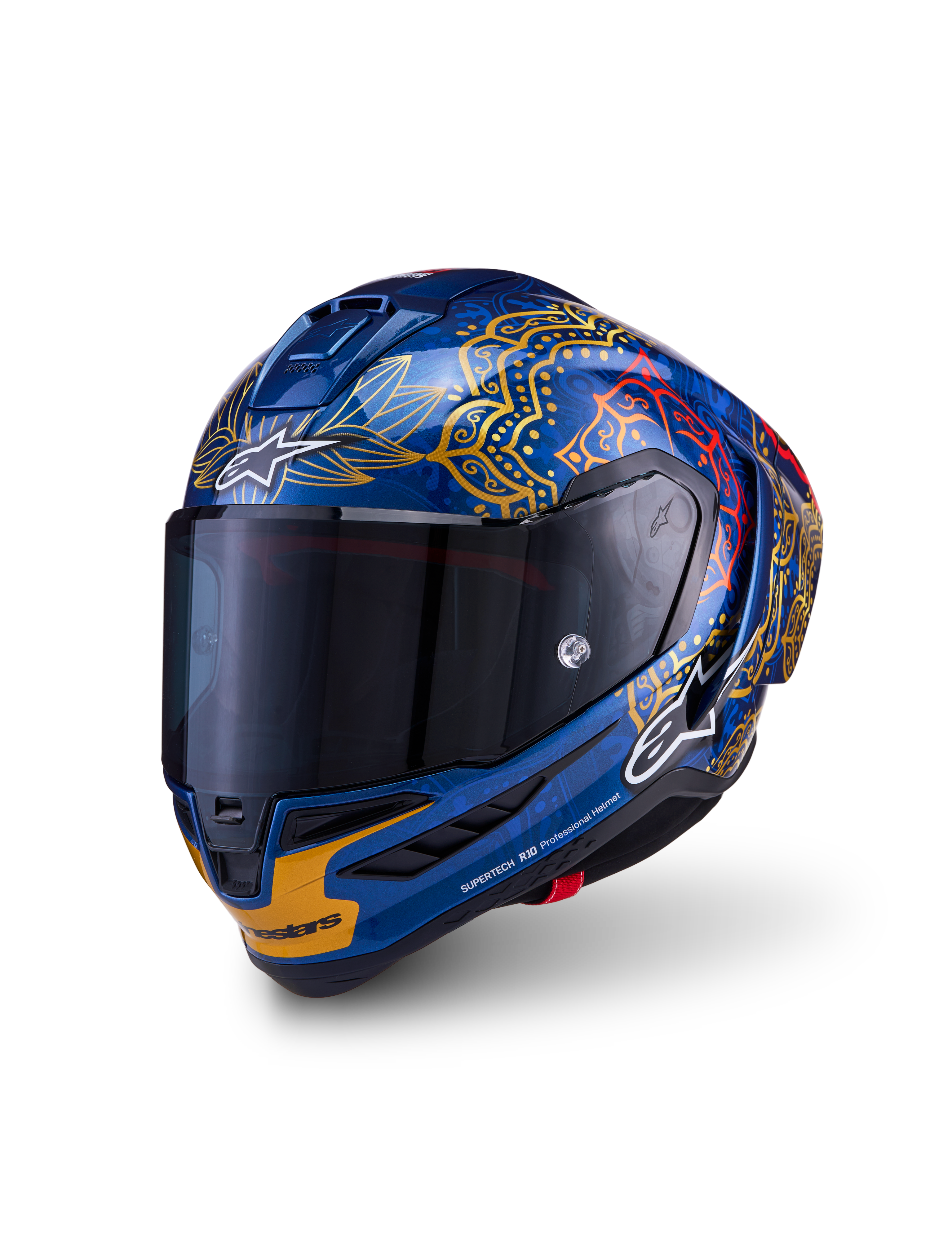 Alpinestars Supertech R10 Martinator Thai-helm, blauw carbon met gouden graphics en een donker getint vizier.
