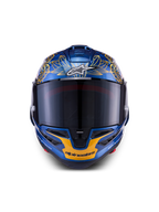 Alpinestars Supertech R10 Martinator Thai-helm, metallic blauw en goud carbon met een getint vizier.