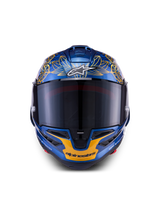 Alpinestars Supertech R10 Martinator Thai-helm, metallic blauw en goud carbon met een getint vizier.
