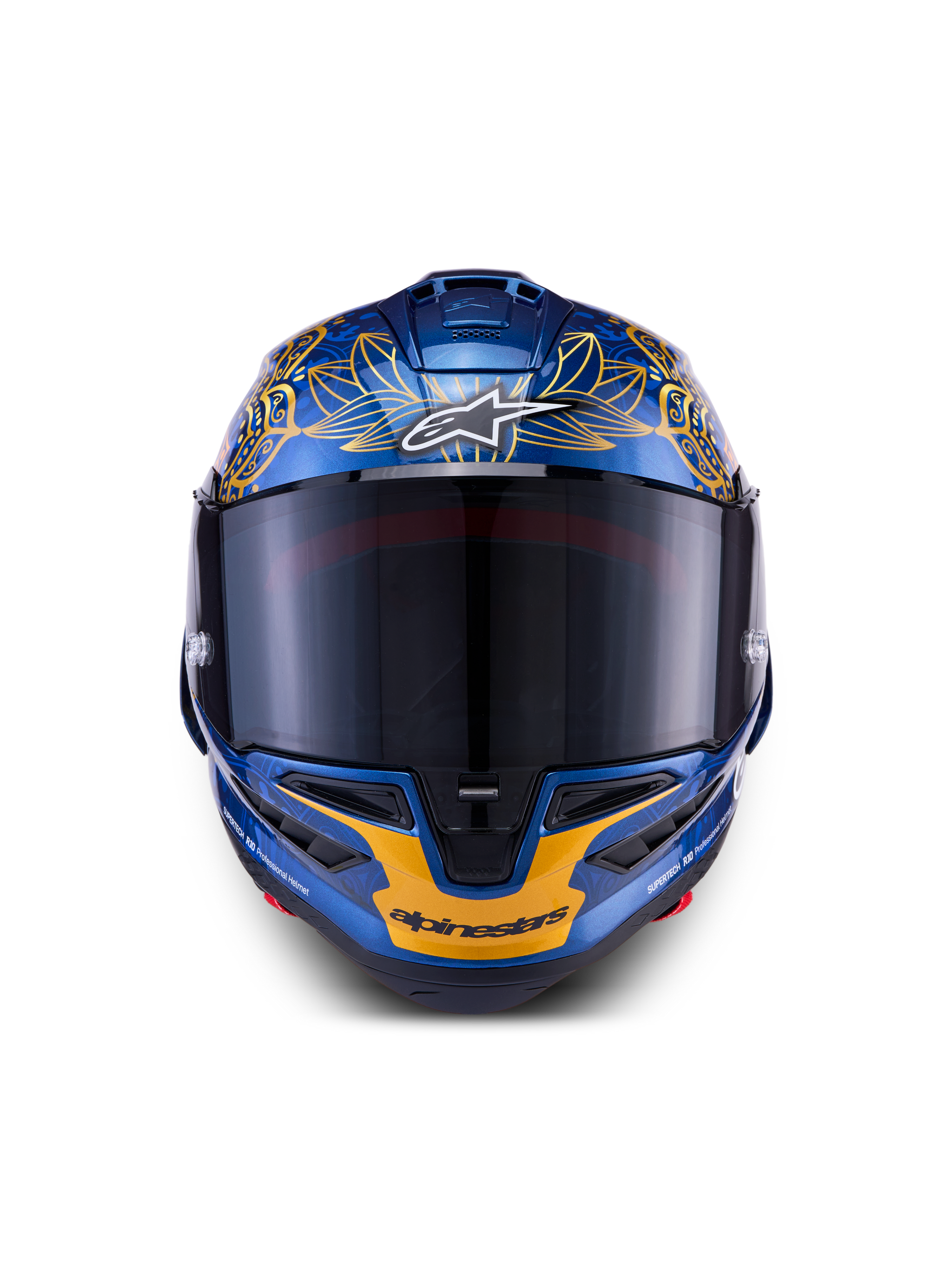 Alpinestars Supertech R10 Martinator Thai-helm, metallic blauw en goud carbon met een getint vizier.