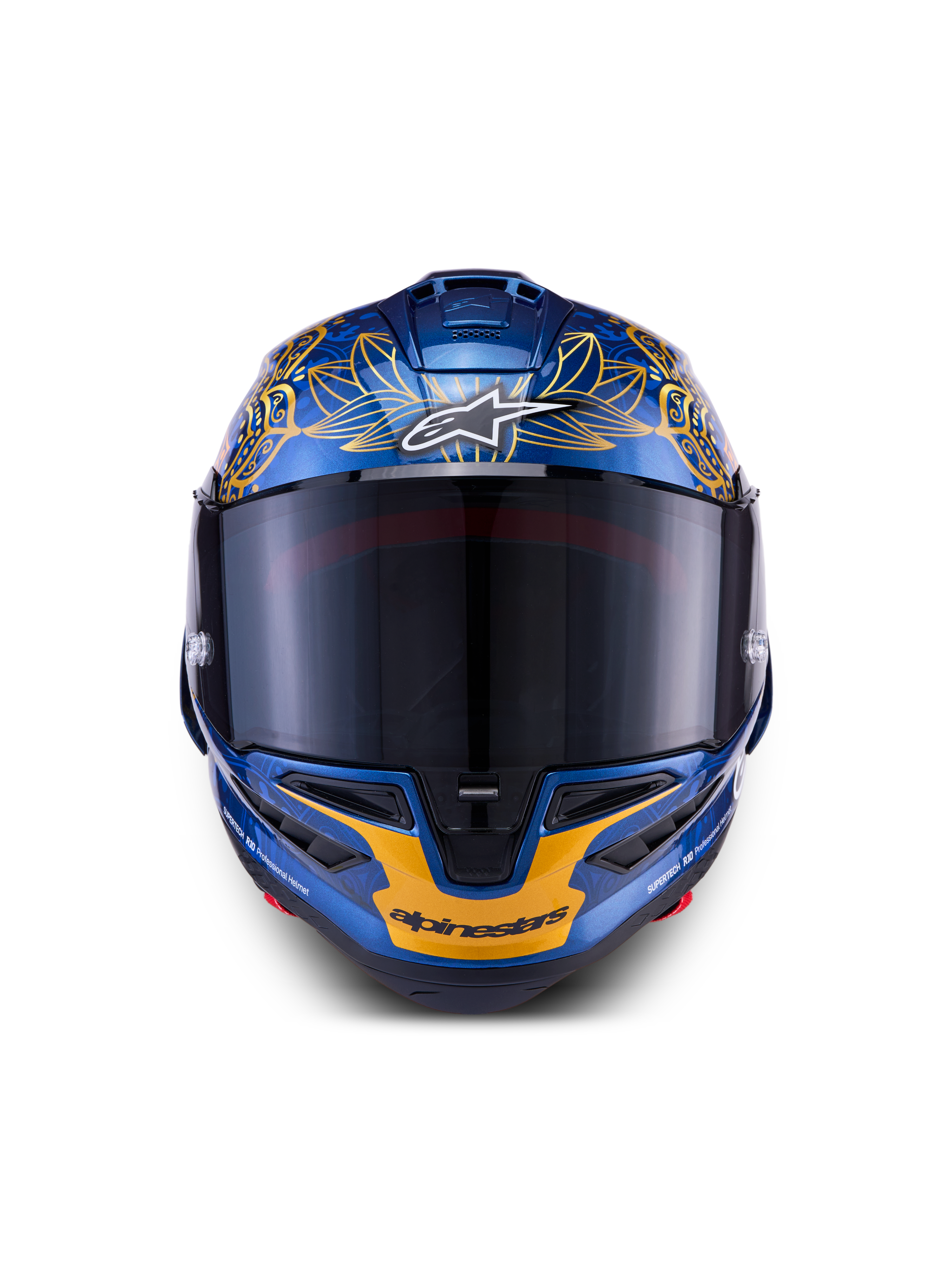 Alpinestars Supertech R10 Martinator Thai-helm, metallic blauw en goud carbon met een getint vizier.