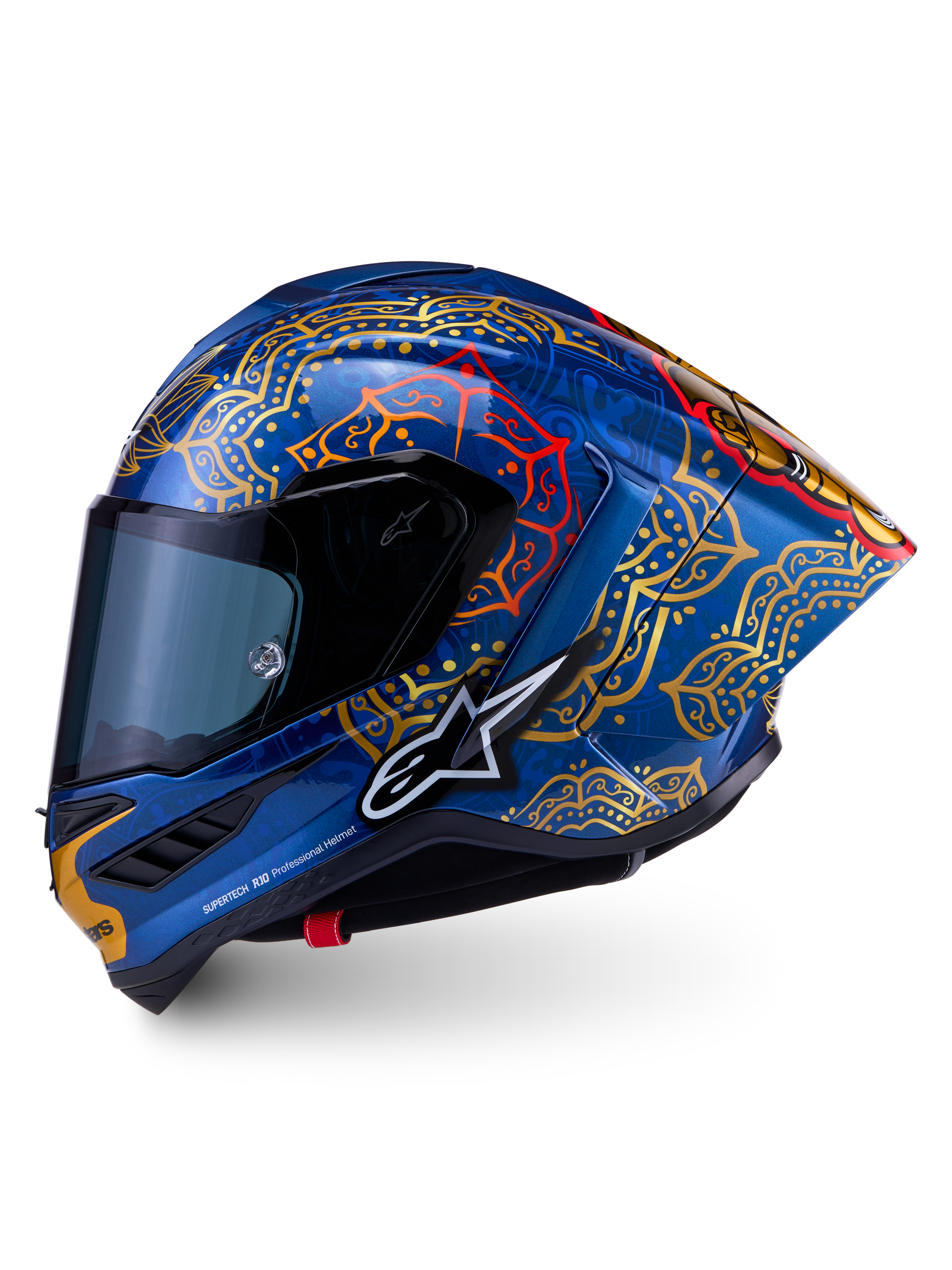 Supertech R10 Martinator Thai-helm in glanzend blauw met gouden en rode mandala-graphics en een carbon schaal.