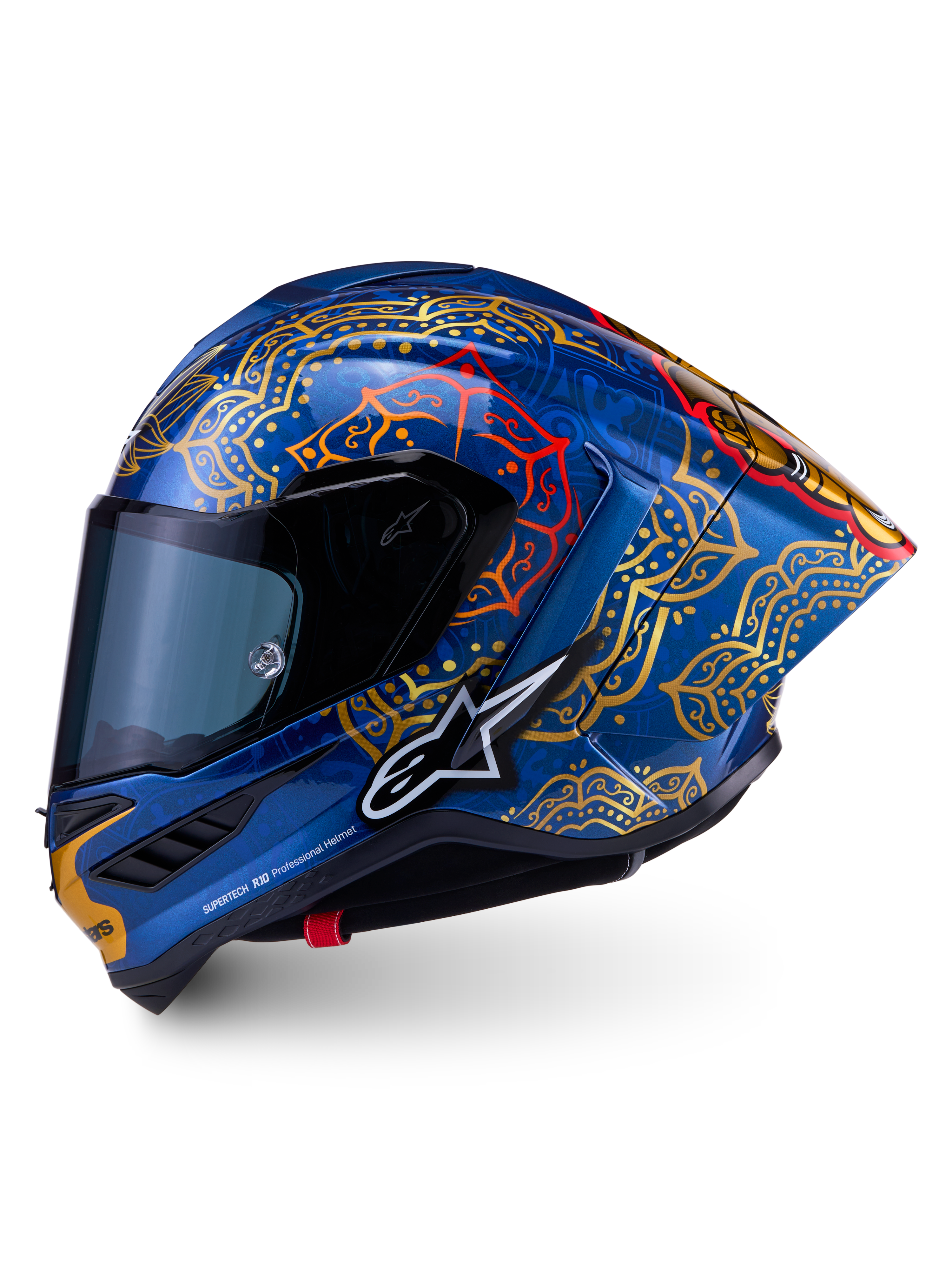 Supertech R10 Martinator Thai-helm in glanzend blauw met gouden en rode mandala-graphics en een carbon schaal.
