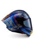 Alpinestars Supertech R10 Martinator Thai helm, blauw en goud carbon, MotoGP motorracehelm, FIM-gecertificeerd met mandala-graphics.