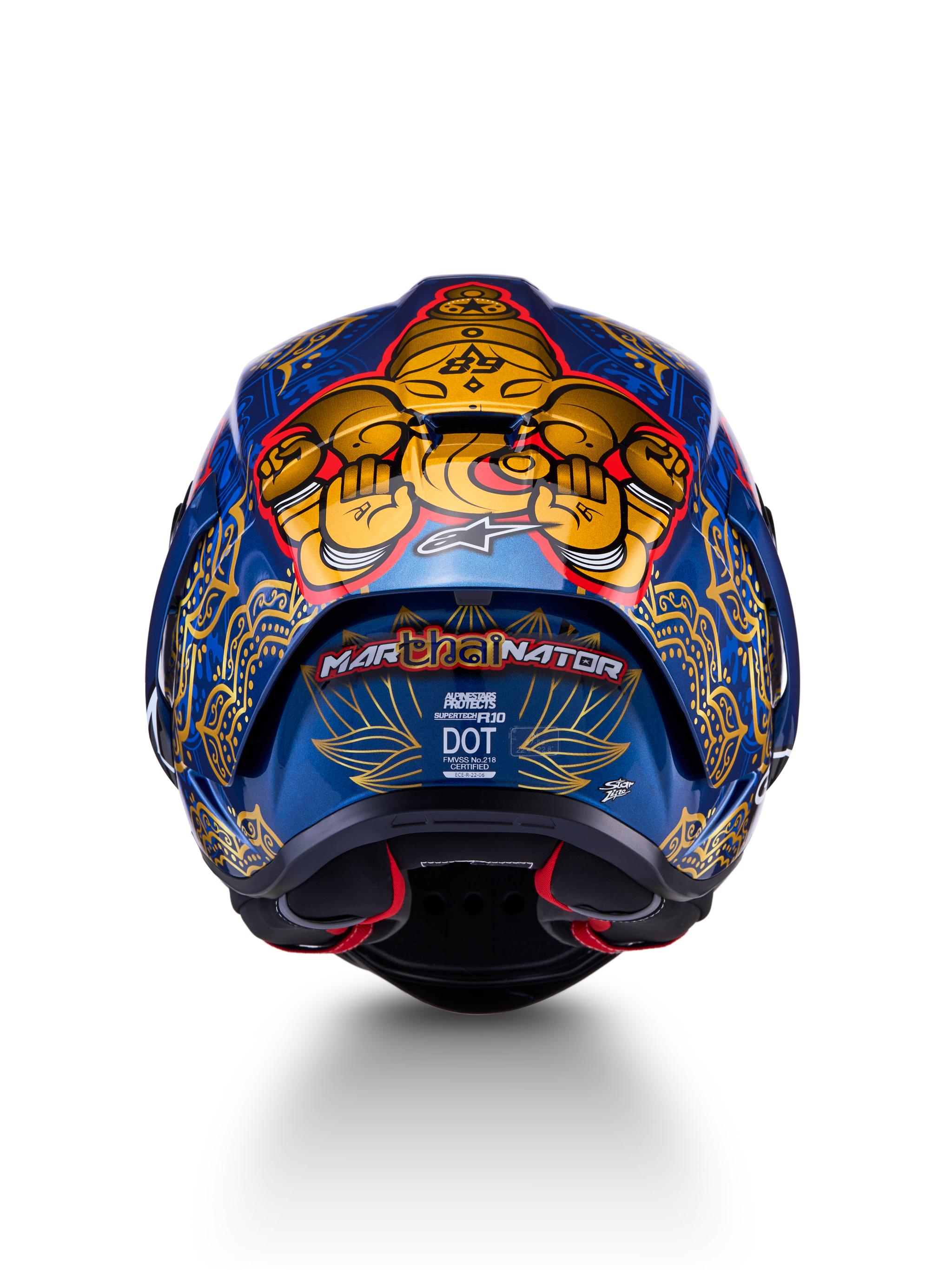 Supertech R10 Martinator Thai-helm, achteraanzicht van de blauwe carbon schaal met gouden Thaise graphics.