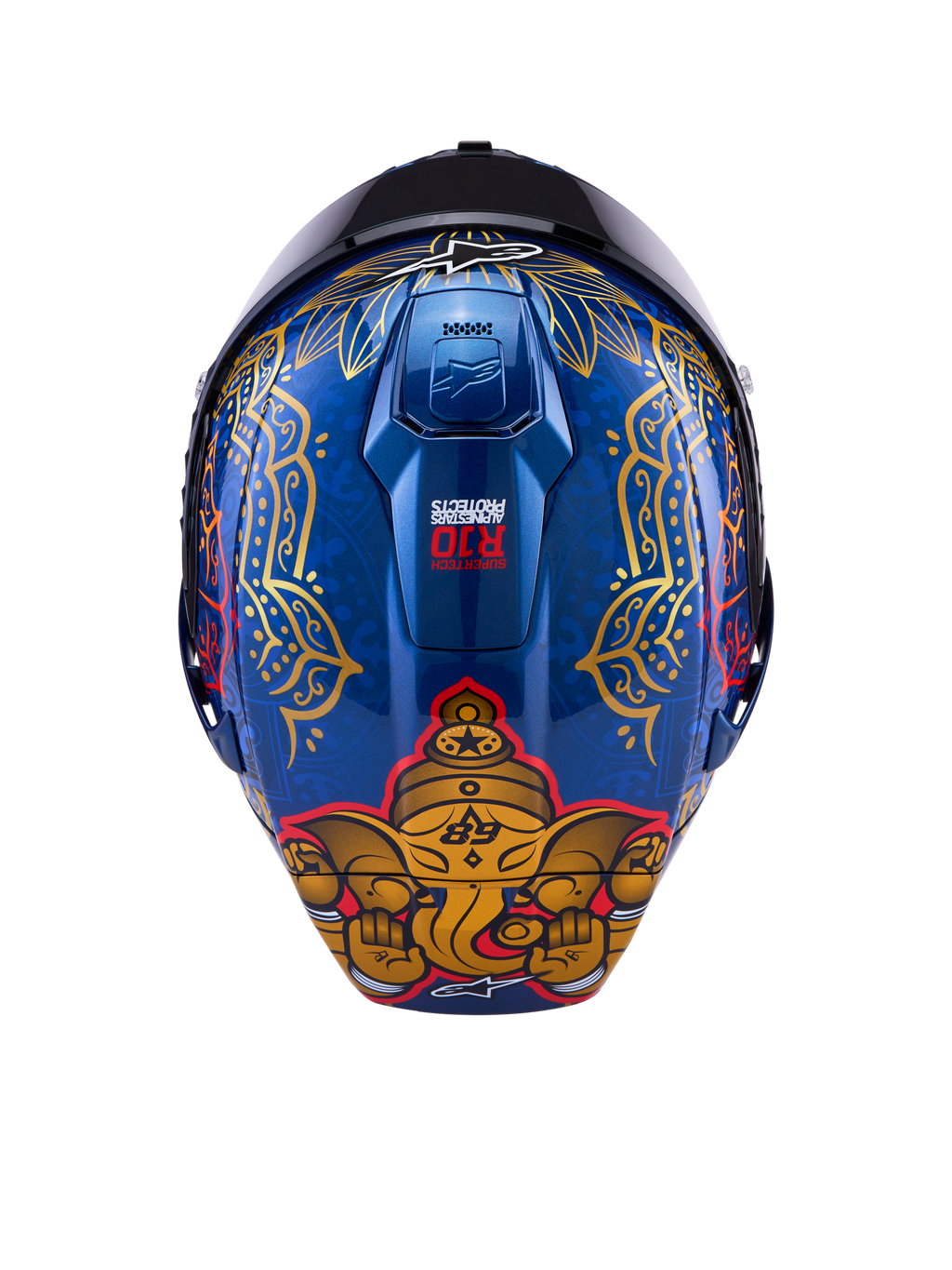Alpinestars Supertech R10 Martinator Thai-helm, glanzend blauw carbon met gouden olifantgraphic en sierlijke patronen.