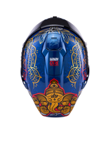 Alpinestars Supertech R10 Martinator Thai-helm, glanzend blauw carbon met gouden olifantgraphic en sierlijke patronen.