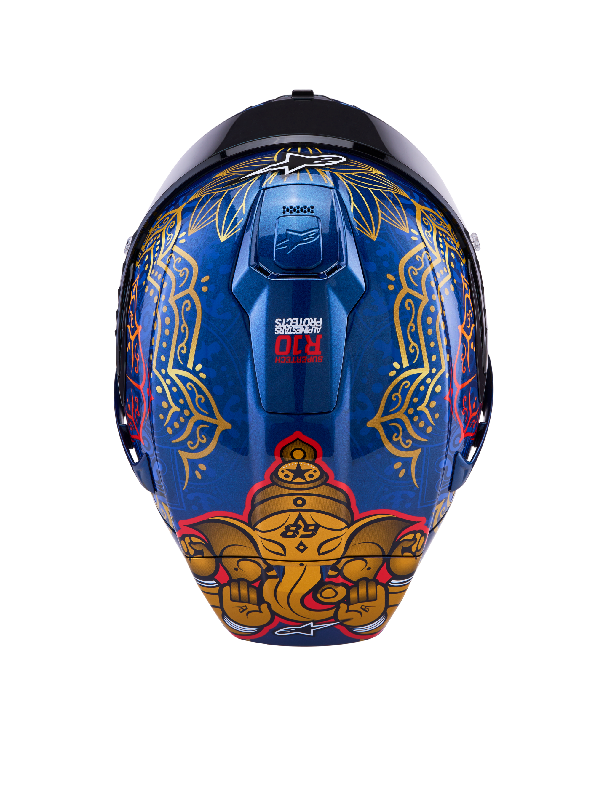 Alpinestars Supertech R10 Martinator Thai-helm, glanzend blauw carbon met gouden olifantgraphic en sierlijke patronen.