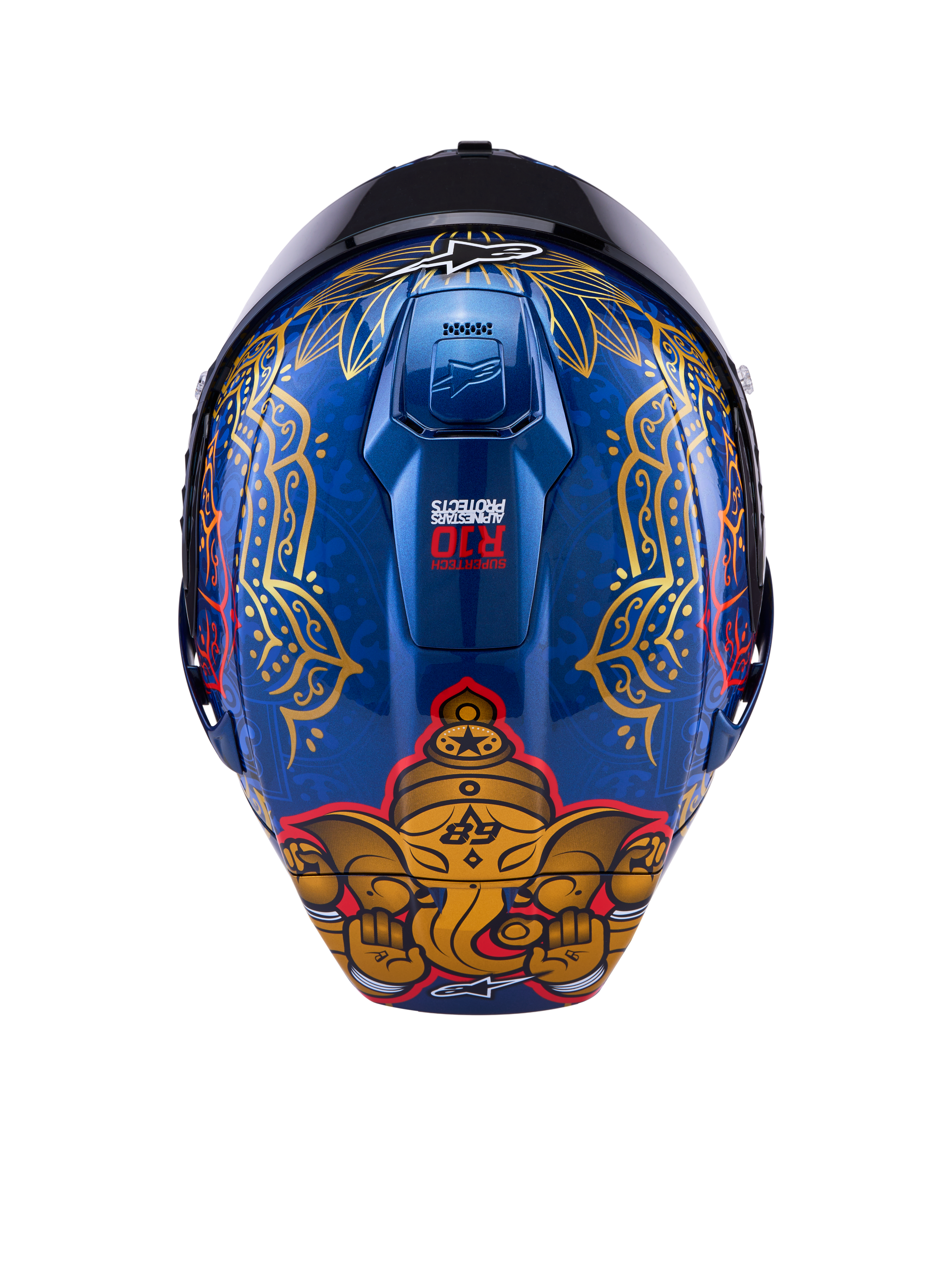 Alpinestars Supertech R10 Martinator Thai-helm, glanzend blauw carbon met gouden olifantgraphic en sierlijke patronen.