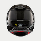 Alpinestars Supertech M10 Solid Helm, zwart glanzend carbon, achteraanzicht met glanzend koolstofvezelpatroon, wit Alpinestars-logo, MIPS- en ECE-certificeringsstickers, aerodynamische vorm met ventilatieopeningen