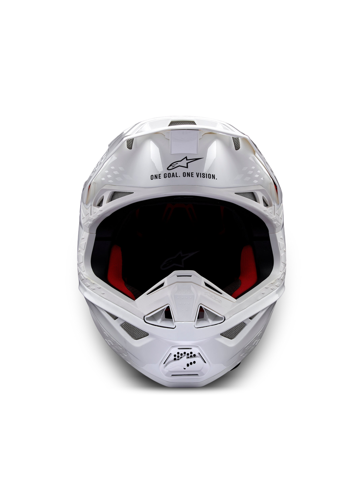 Alpinestars Supertech M10 Solid Helm ECE 22.06, glanzend witte motocrosshelm, frontaanzicht met rode en zwarte binnenvoering