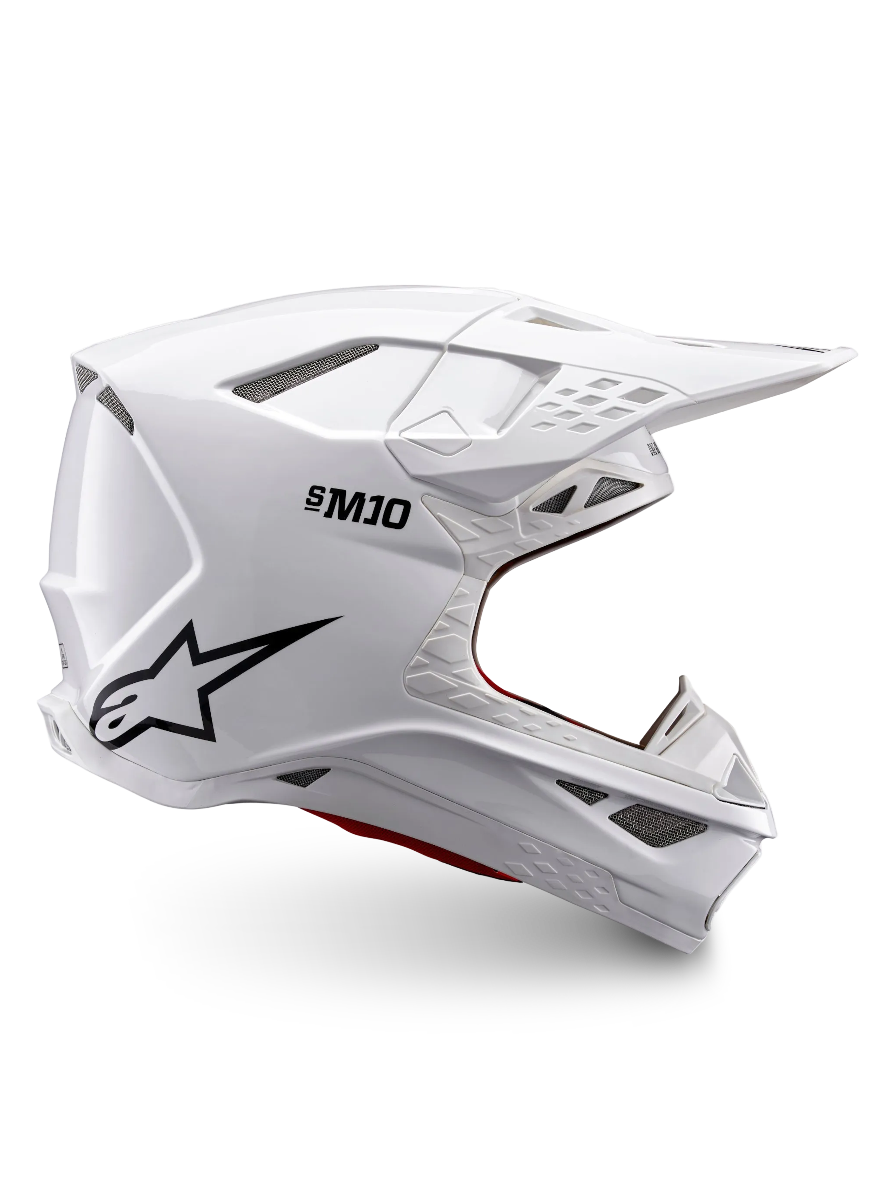 Alpinestars Supertech M10 Solid helm ECE 22.06, glanzend witte motocrosshelm met zwart logo, peakvizier en geventileerd integraalontwerp, zijaanzicht