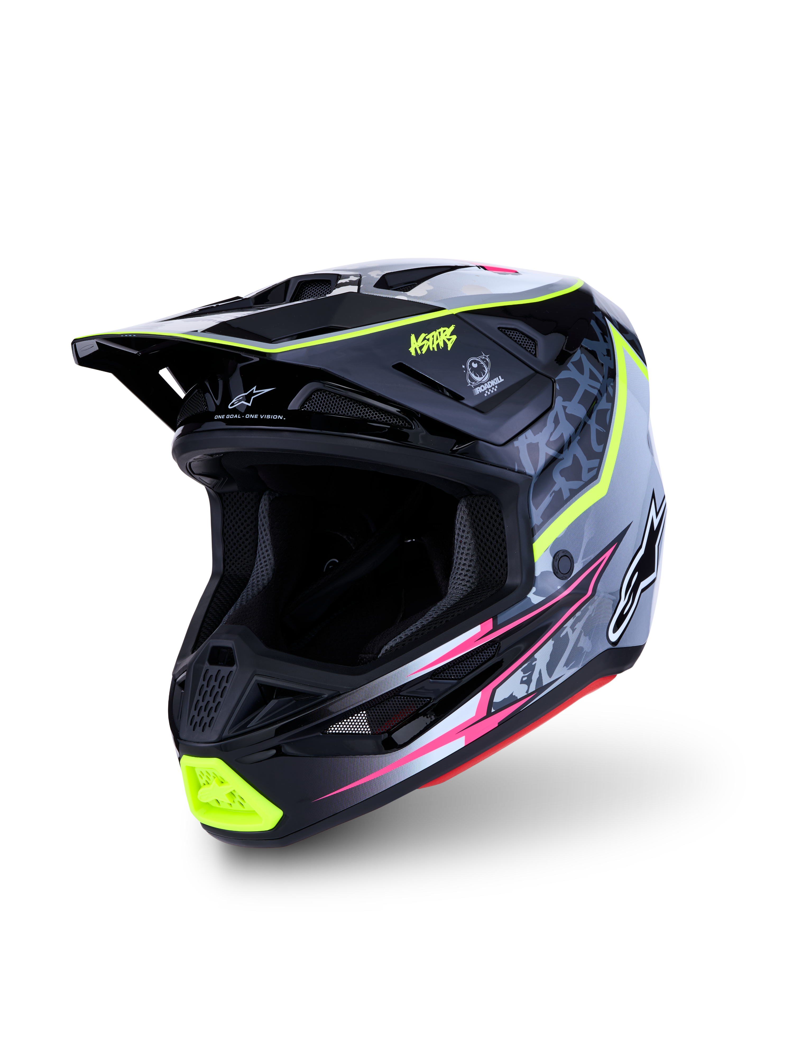 Alpinestars S-M7 Blaster Motocross Helmet, black and gray with fluorescent yellow, composite shell, ECE 22.06 certified.