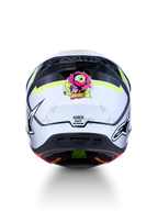 Alpinestars S-M7 Blaster Motocross Helmet, Black and White with Yellow Fluo, ECE 22.06 certified, rear view with rose graphic.