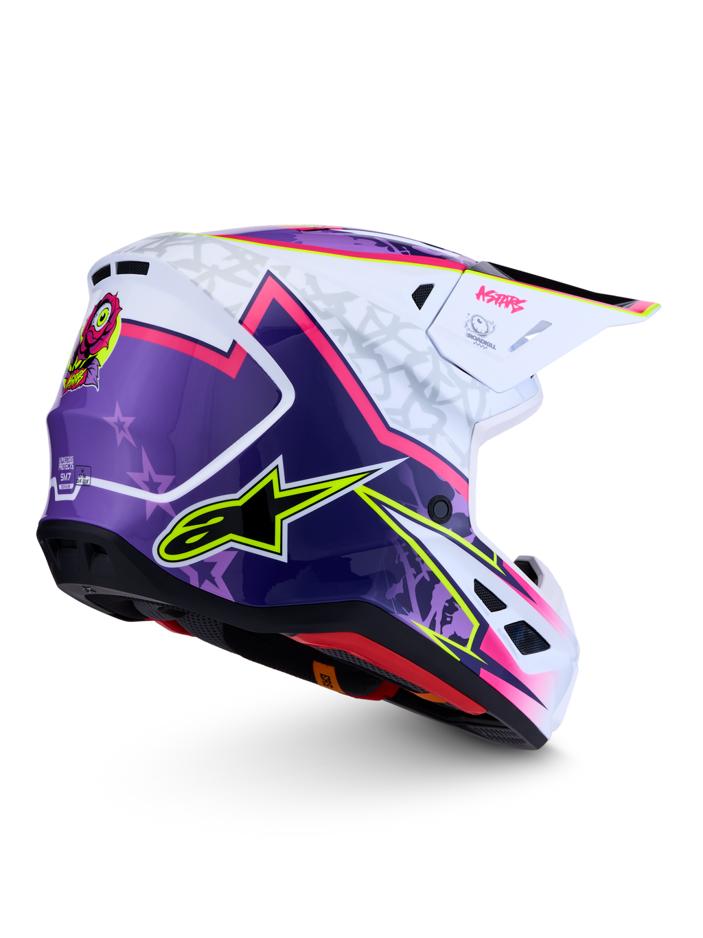 Alpinestars S-M7 Blaster helm, paarse, roze en witte glanzende motocrosshelm, aerodynamische schaal, ECE 22.06-gecertificeerd.