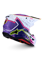 Alpinestars S-M7 Blaster helm, paarse, roze en witte glanzende motocrosshelm, aerodynamische schaal, ECE 22.06-gecertificeerd.