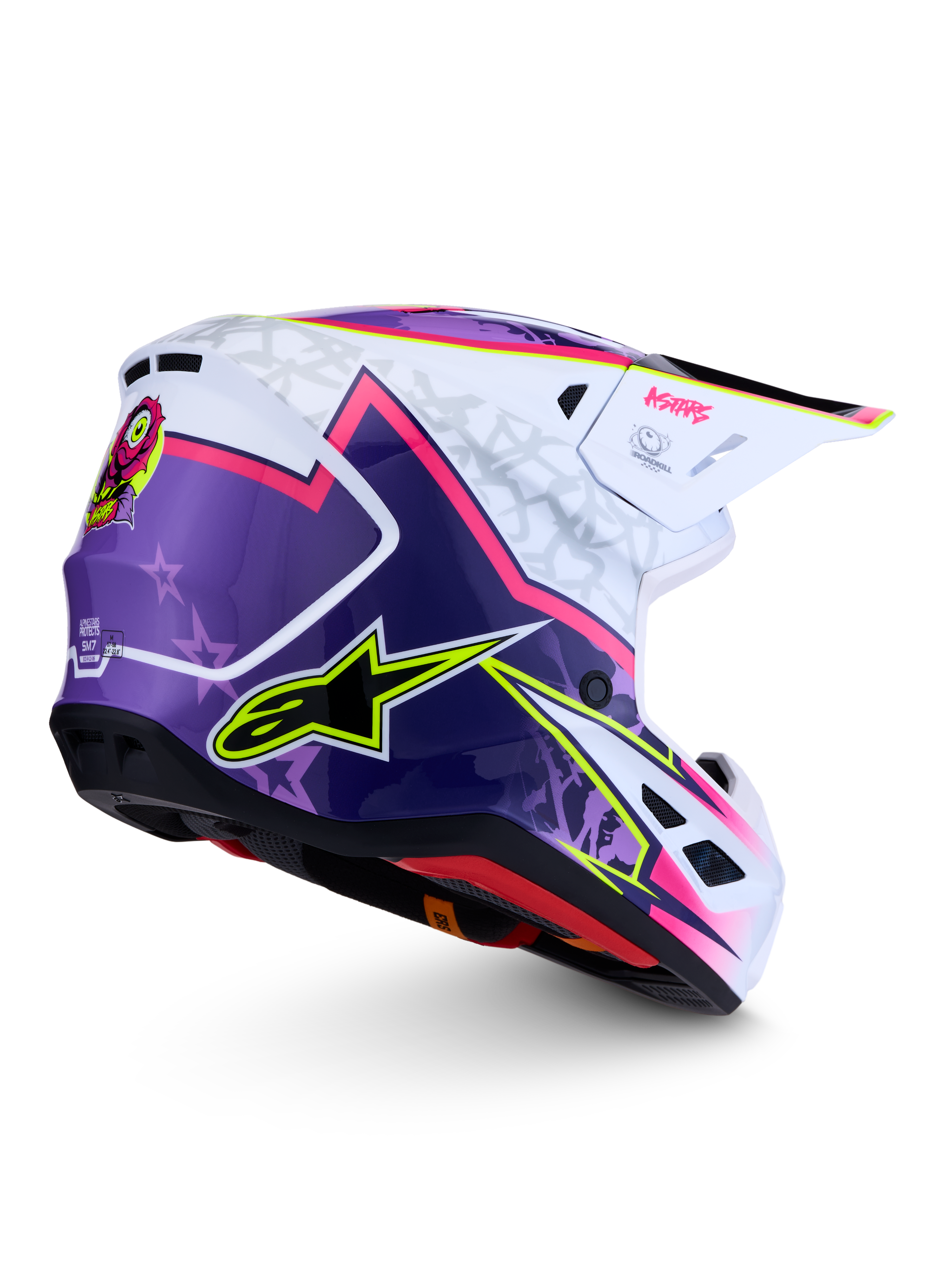 Alpinestars S-M7 Blaster helm, paarse, roze en witte glanzende motocrosshelm, aerodynamische schaal, ECE 22.06-gecertificeerd.