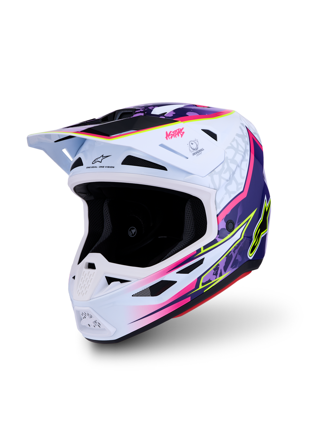 Alpinestars S-M7 Blaster helm, motorcrosshelm in paars, roze en wit, aerodynamische composietschaal, ECE 22.06 gecertificeerd.