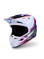 Alpinestars S-M7 Blaster helm, motorcrosshelm in paars, roze en wit, aerodynamische composietschaal, ECE 22.06 gecertificeerd.