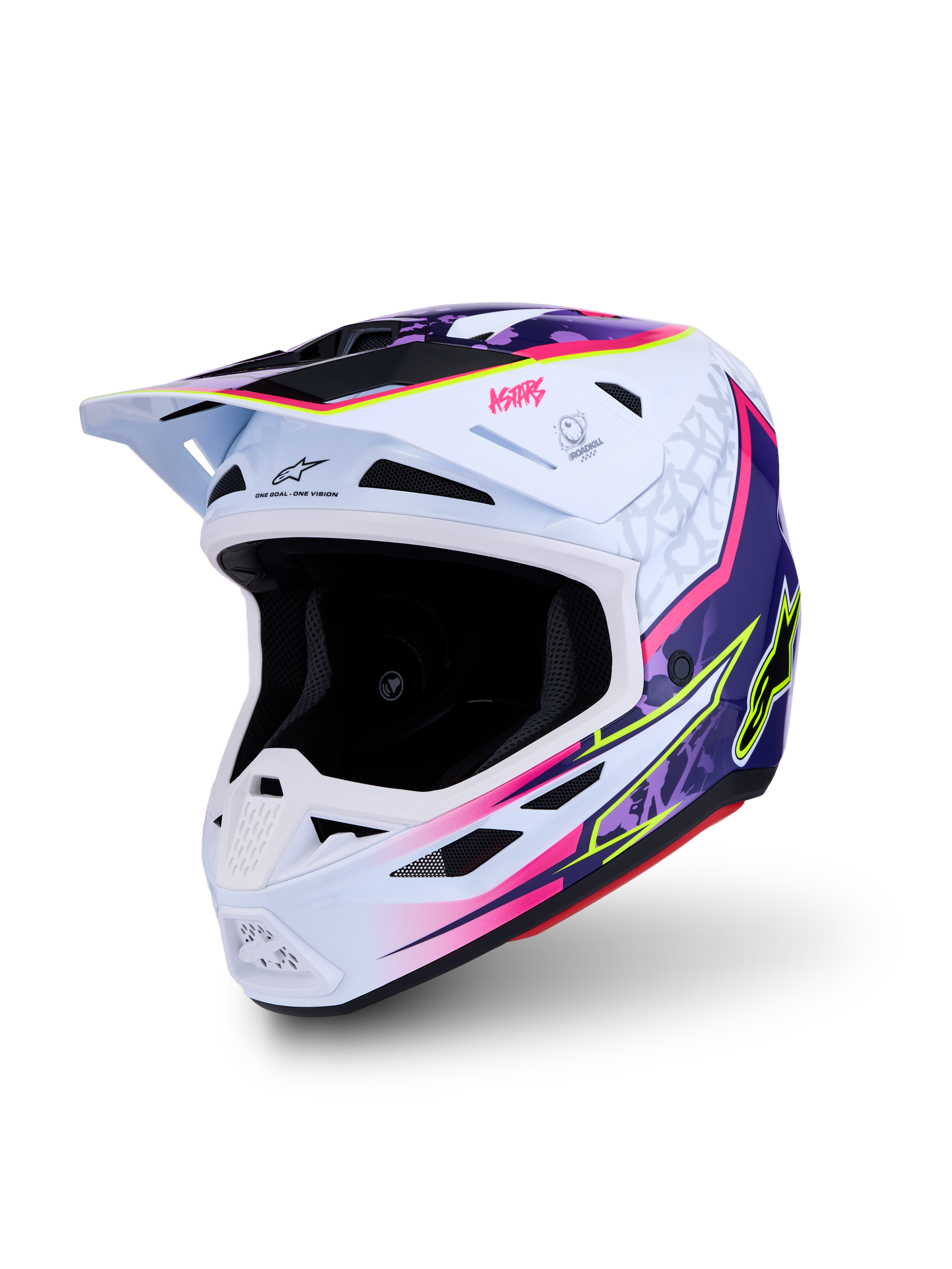 Alpinestars S-M7 Blaster helm, motorcrosshelm in paars, roze en wit, aerodynamische composietschaal, ECE 22.06 gecertificeerd.