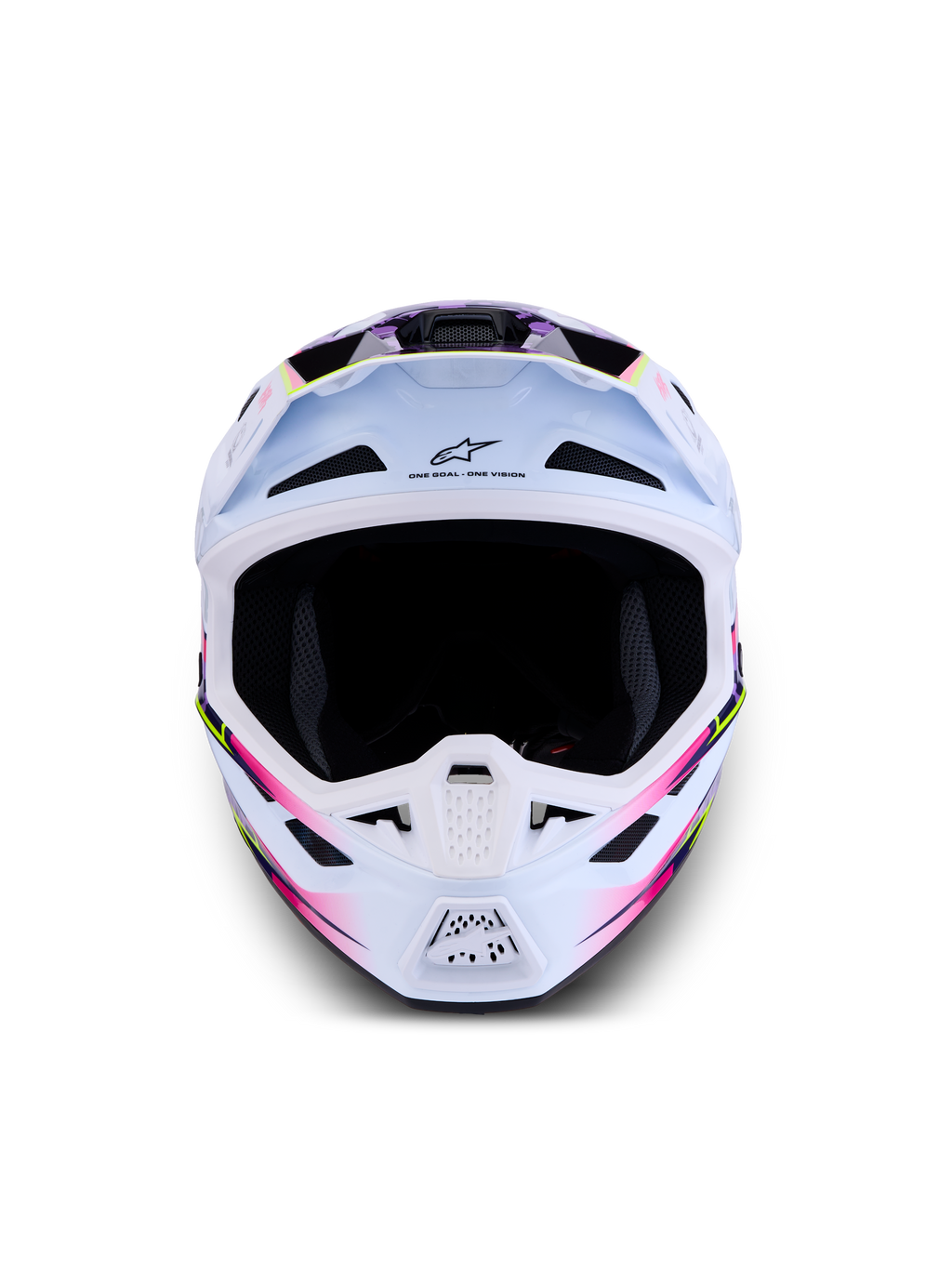 Alpinestars S-M7 Blaster helm ECE06, motocrosshelm voor off-road, wit met paarse en roze graphics, CE-gecertificeerd.
