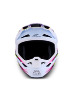 Alpinestars S-M7 Blaster helm ECE06, motocrosshelm voor off-road, wit met paarse en roze graphics, CE-gecertificeerd.