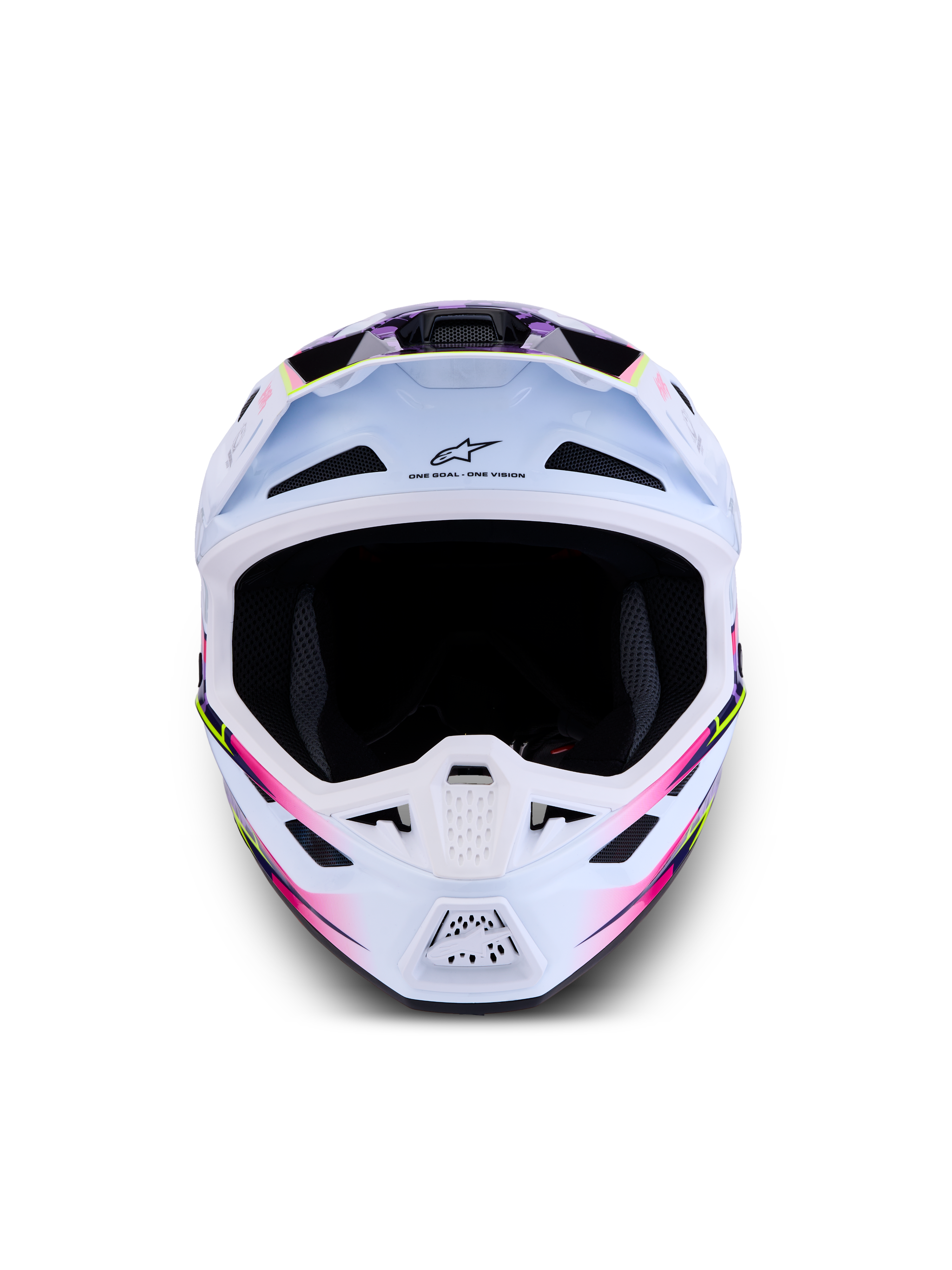 Alpinestars S-M7 Blaster helm ECE06, motocrosshelm voor off-road, wit met paarse en roze graphics, CE-gecertificeerd.