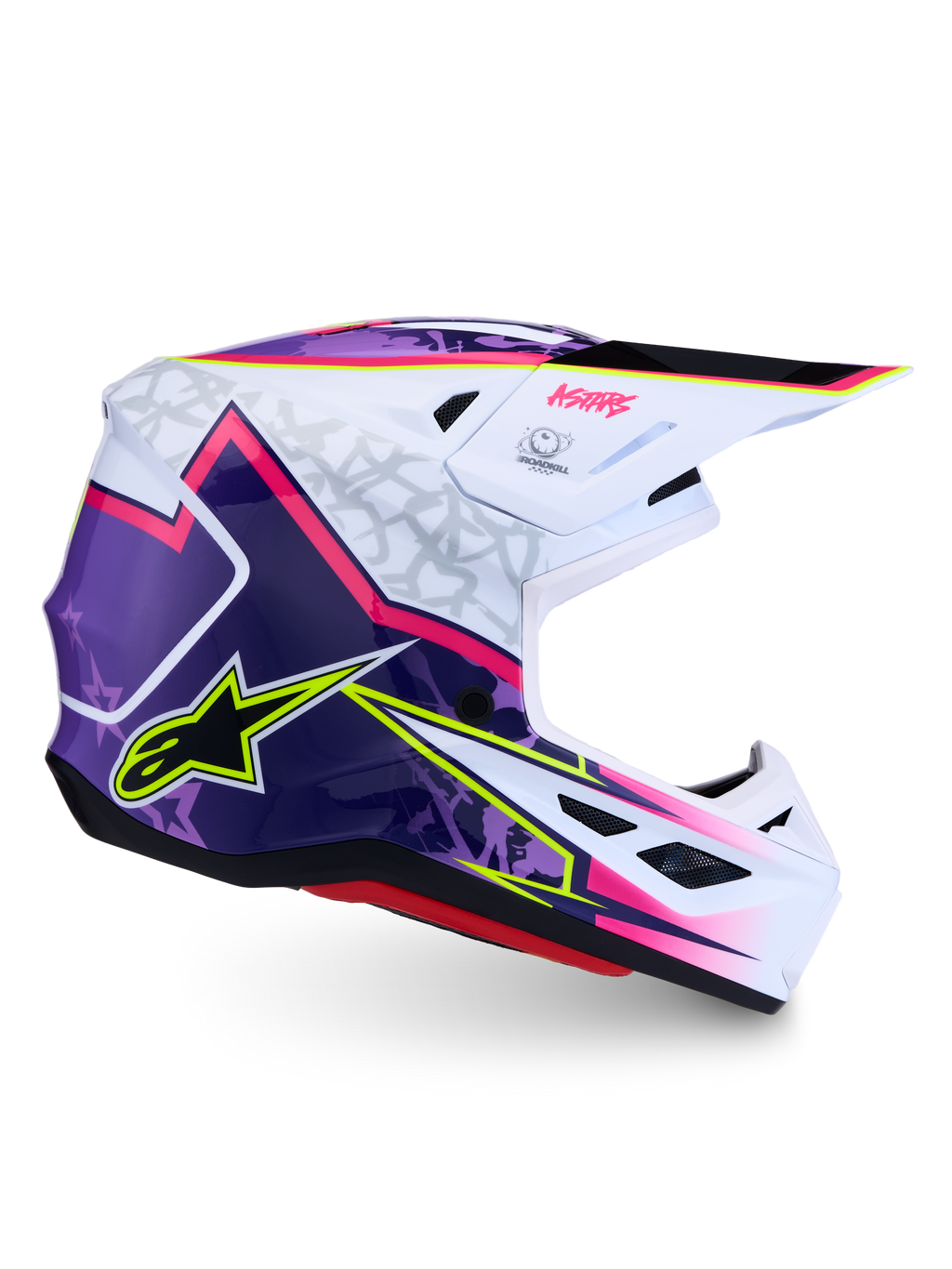 Alpinestars S-M7 Blaster helm, glanzende motorcrosshelm in paars, roze en wit, lichtgewicht schaal, ECE-gecertificeerd.