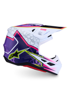 Alpinestars S-M7 Blaster helm, glanzende motorcrosshelm in paars, roze en wit, lichtgewicht schaal, ECE-gecertificeerd.