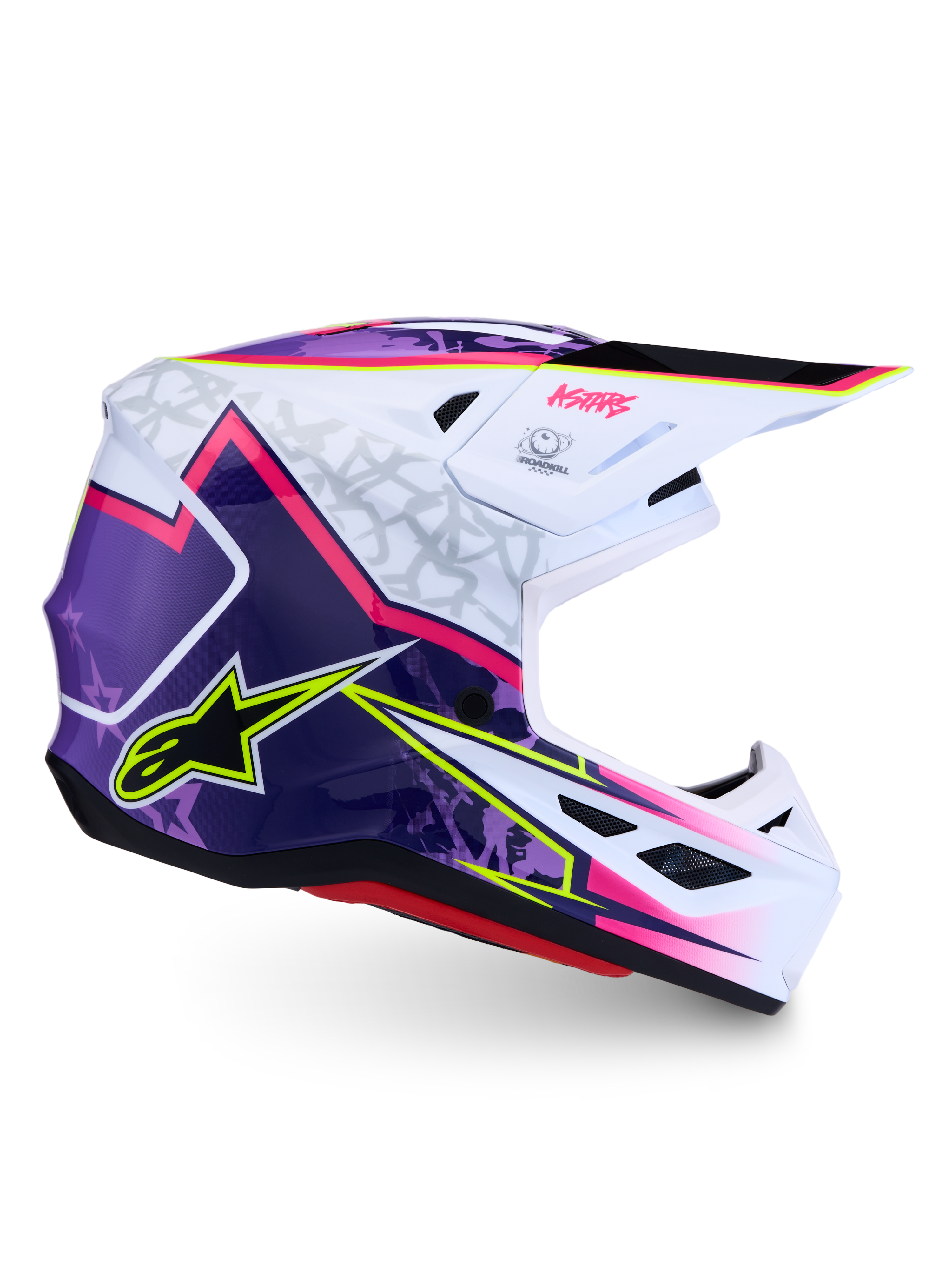Alpinestars S-M7 Blaster Helmet ECE06, purple, pink and white glossy motocross helmet, lightweight shell, ECE certified.