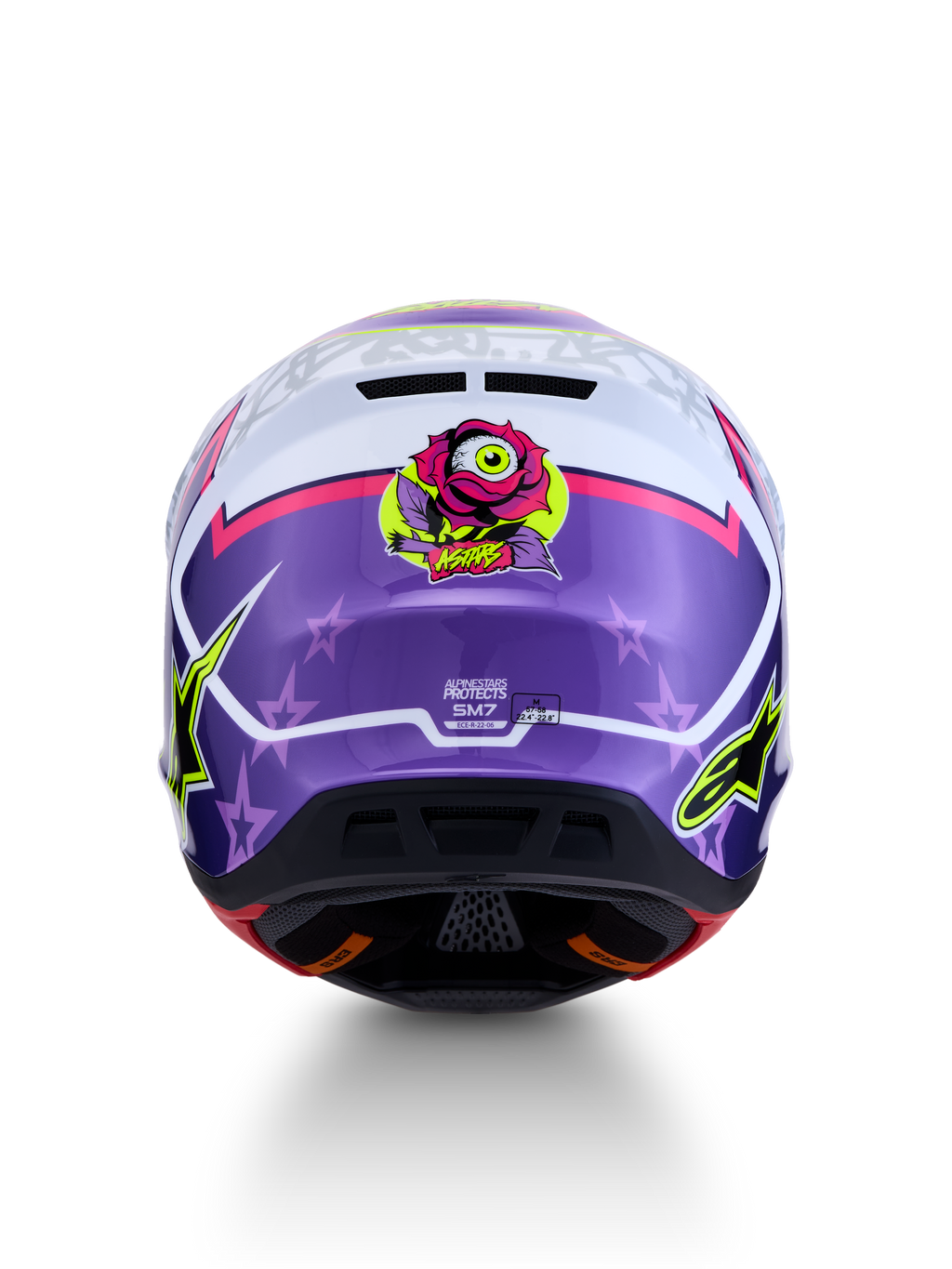 Alpinestars S-M7 Blaster helm ECE06, paarse en roze glanzende motorcrosshelm met roosafbeelding en stermotieven.