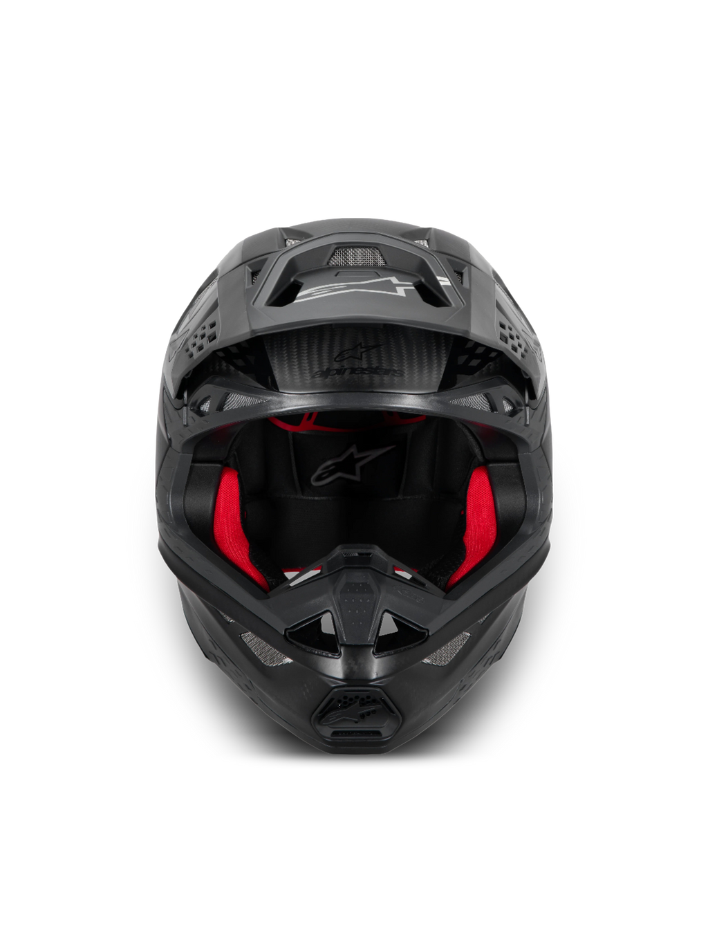 Alpinestars Supertech M10 Fame Helmet, Black Carbon and Red Motocross Helmet, ECE 22.06 certified, carbon construction.