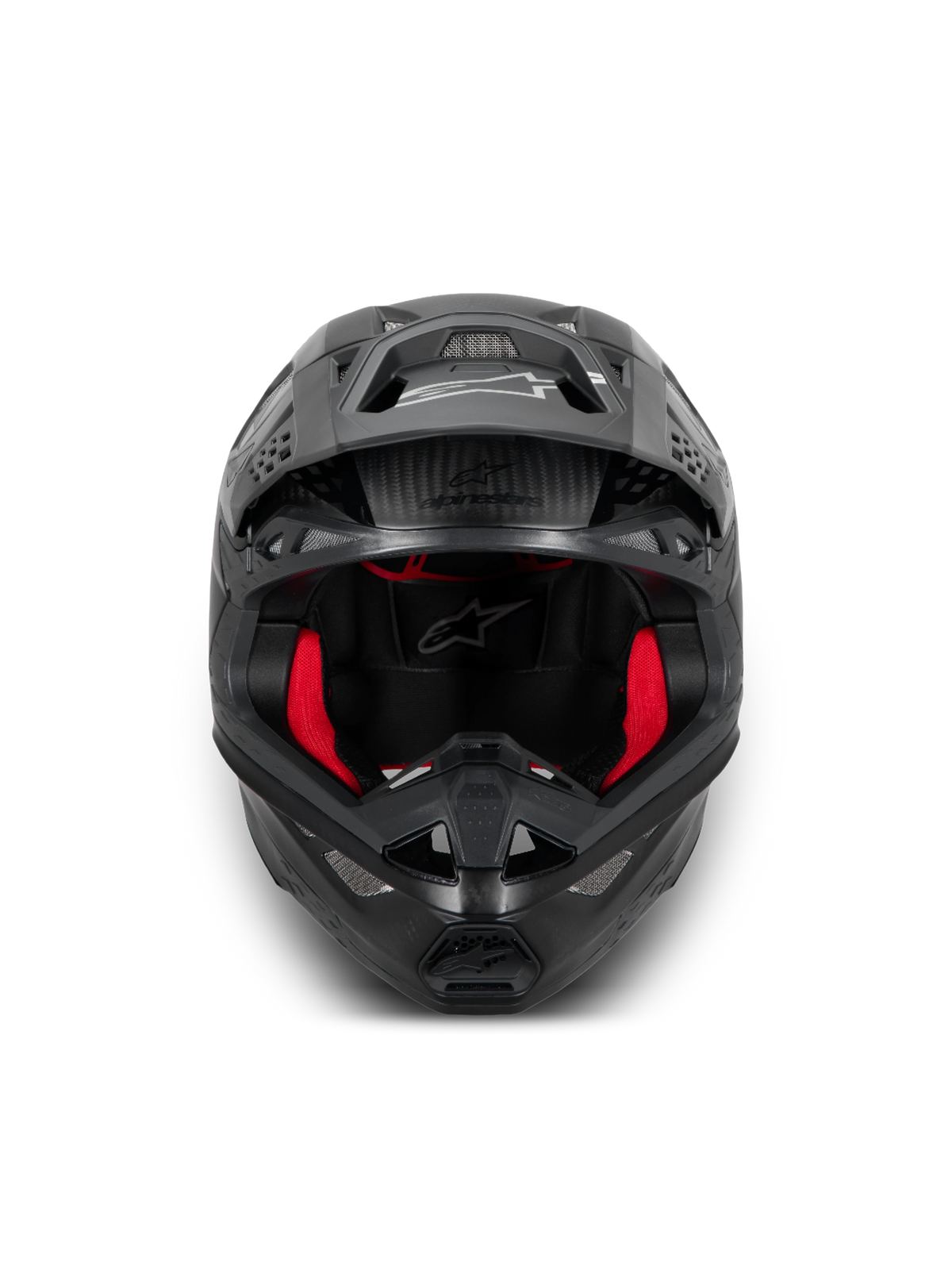 Alpinestars Supertech M10 Fame helm, zwarte carbon motocrosshelm, rode details, ECE 22.06-gecertificeerd, carbonconstructie.