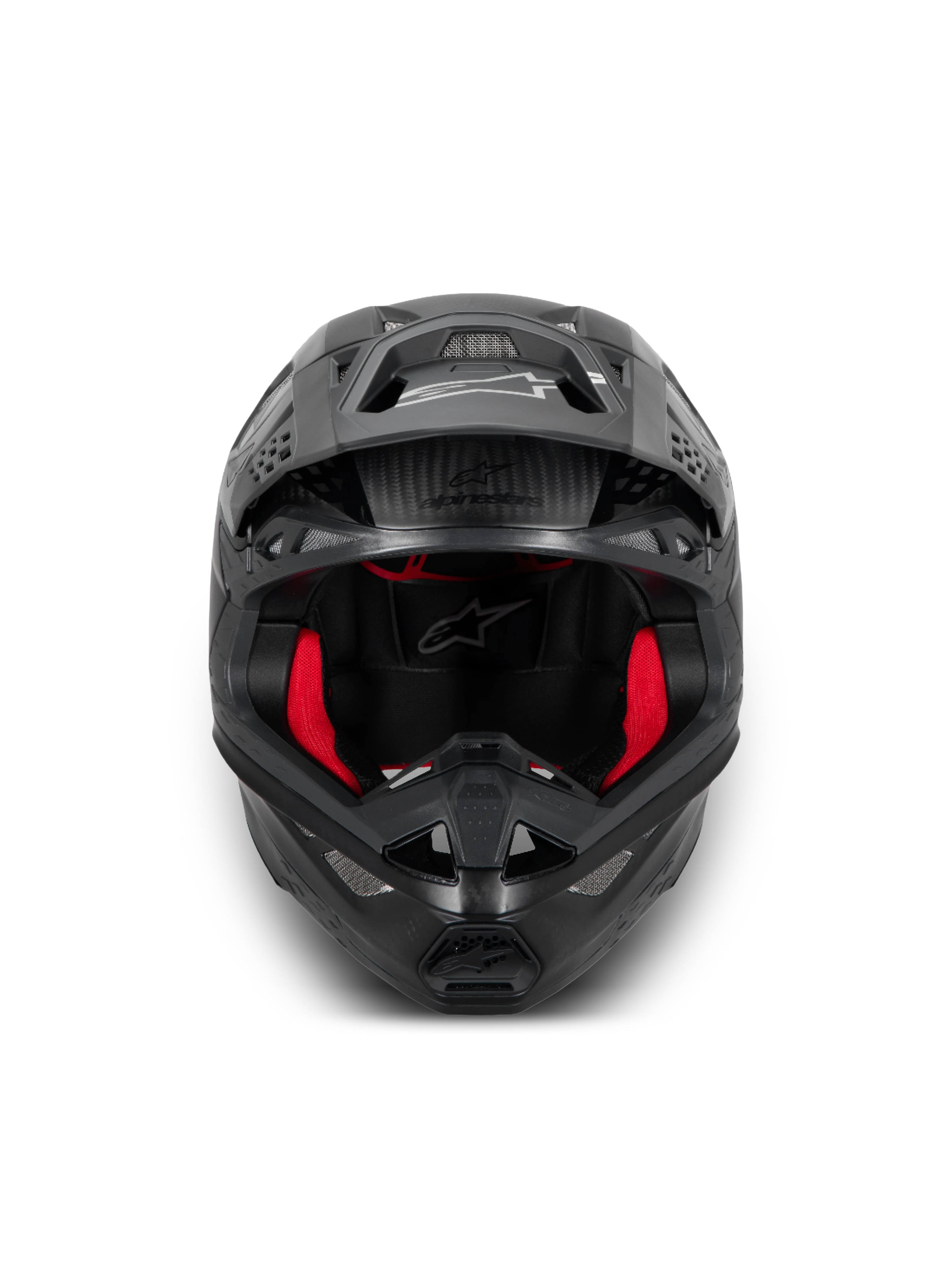 Alpinestars Supertech M10 Fame Helmet, Black Carbon and Red Motocross Helmet, ECE 22.06 certified, carbon construction.