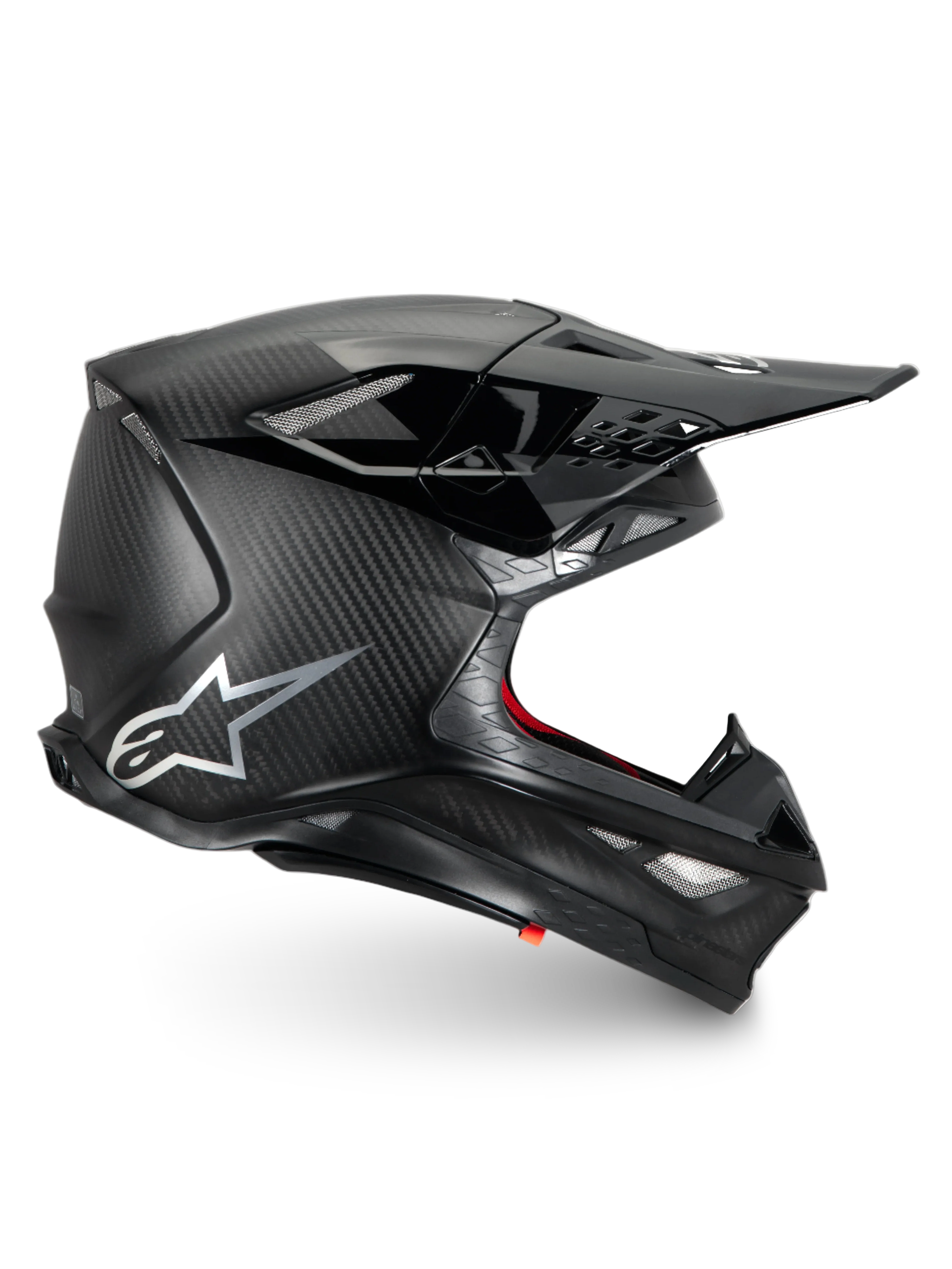 Alpinestars Supertech M10 Fame helm, matzwarte carbon motocrosshelm, ECE 22.06-gecertificeerd, lichtgewicht koolstofvezel.