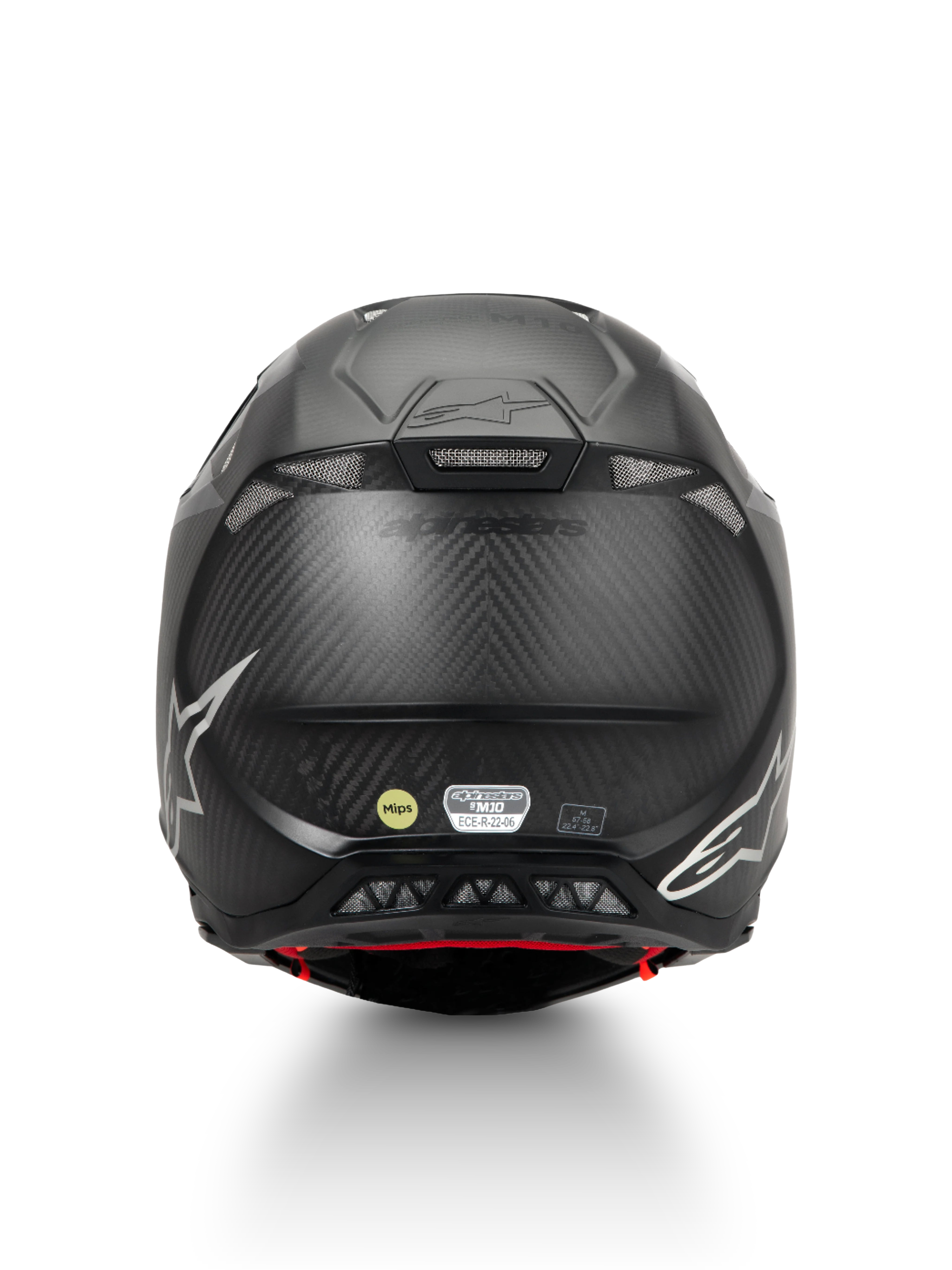 Alpinestars Supertech M10 Fame Helmet, Motocross, Matte Black Carbon Fiber, ECE 22.06, MIPS Protection, Rear View.