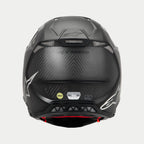 Alpinestars Supertech M10 Fame ECE 22.06 helm, achteraanzicht, mat en glanzend zwart carbon, voorzien van zichtbaar carbonweefsel, mesh ventilatieopeningen, MIPS- en ECE-certificeringslabels en Alpinestars-logo.