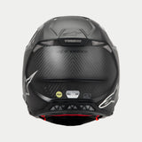 Alpinestars Supertech M10 Fame ECE 22.06 Helmet, Rear View, Black Carbon Matte and Glossy, featuring visible carbon fiber weave, mesh ventilation ports, MIPS and ECE certification labels, and Alpinestars logo.