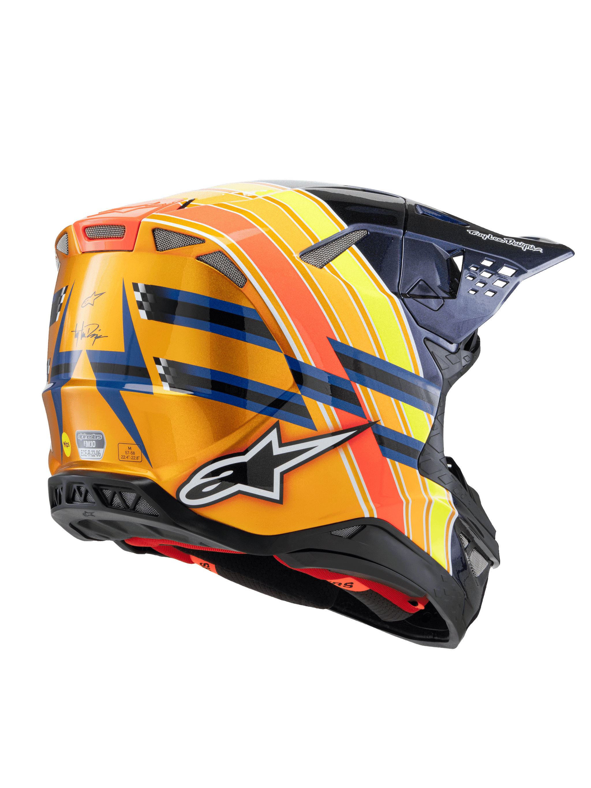 Alpinestars Supertech M10 TLD Edition 25 Helmet, Motocross Helmet, Dark Blue Orange and Yellow Fluo with Red, rear three-quarter view showing glossy finish, bold Alpinestars logo, Troy Lee Designs branding, and integrated ventilation ports.