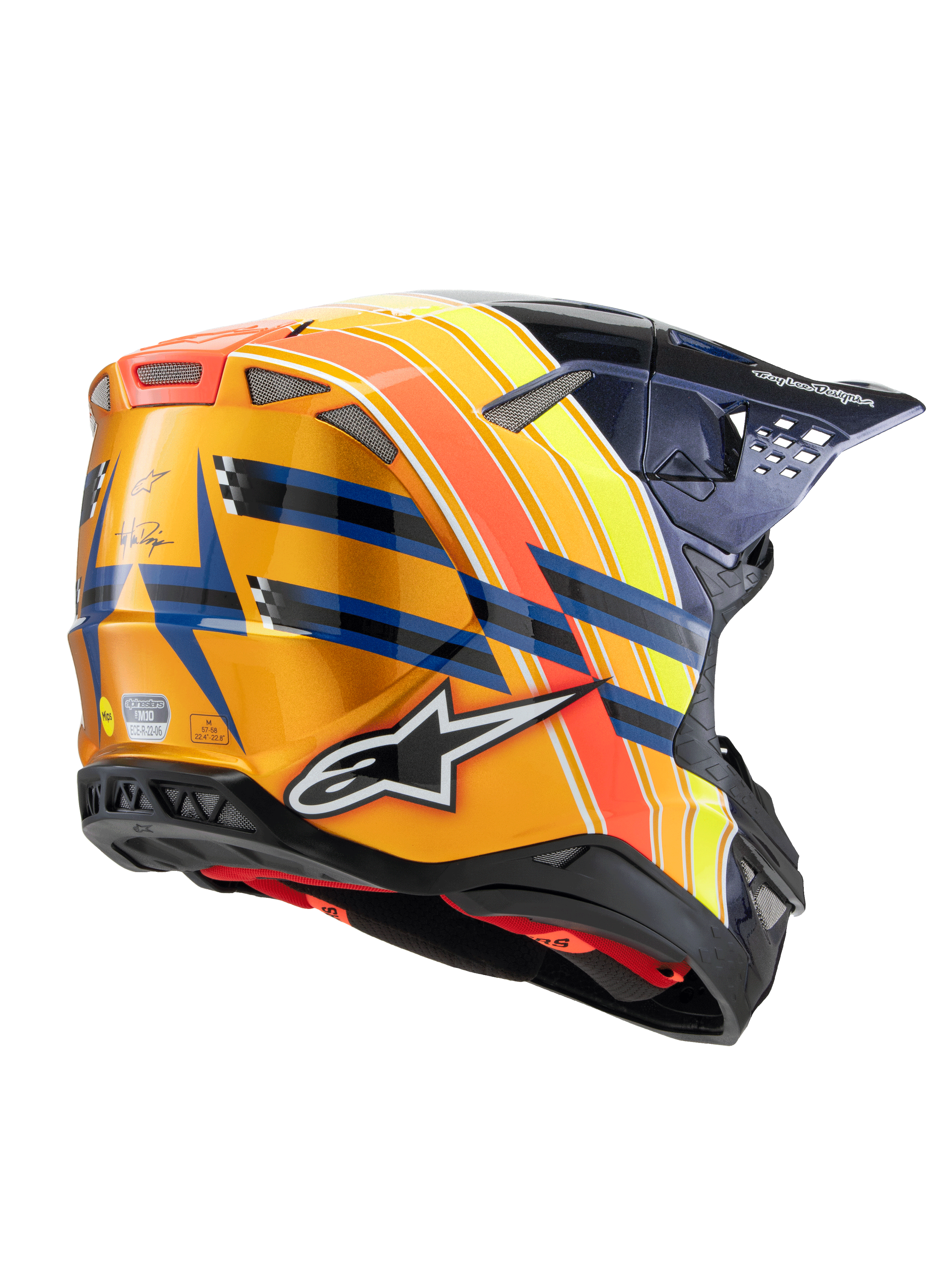 Alpinestars Supertech M10 TLD Edition 25 Helm, motorcrosshelm, donkerblauw, oranje en fluogeel met rood, driekwart achteraanzicht met glanzende afwerking, opvallend Alpinestars-logo, Troy Lee Designs-branding en geïntegreerde ventilatiepoorten.