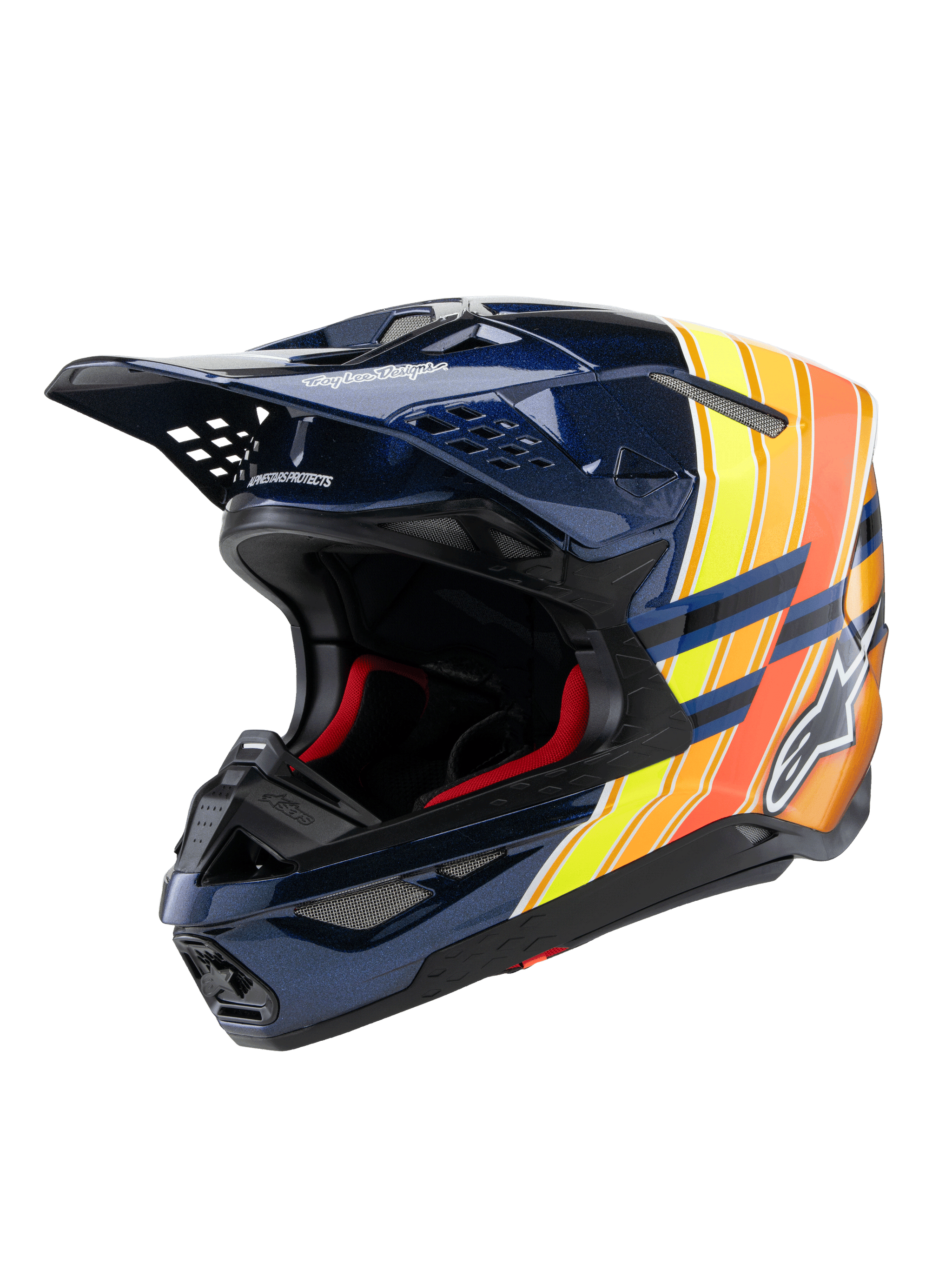 Alpinestars Supertech M10 TLD Edition 25 Helmet, Motocross Helmet, Glossy Dark Blue with Orange and Yellow Fluo graphics, featuring red interior padding, aerodynamic shell with multiple ventilation ports, Troy Lee Designs branding on the peak, professional off-road racing gear