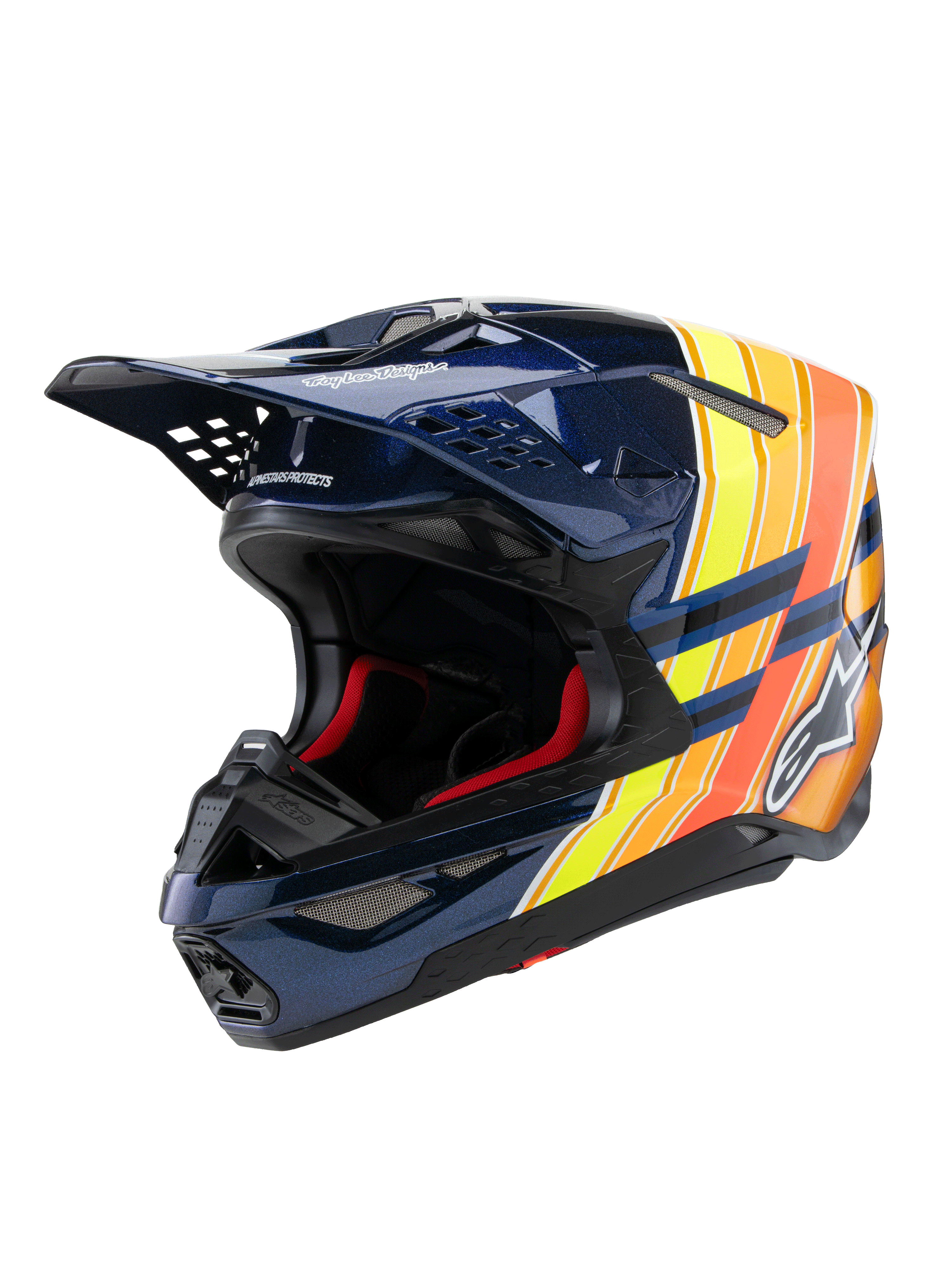 Alpinestars Supertech M10 TLD Edition 25 helm, motorcrosshelm, glanzend donkerblauw met oranje en gele fluo graphics, rode binnenvoering, aerodynamische schaal met meerdere ventilatieopeningen, Troy Lee Designs branding op de klep, professionele off-road race-uitrusting