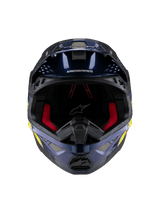 Alpinestars Supertech M10 TLD Edition 25 Helmet, Motocross Helmet, Glossy Metallic Dark Blue with Red interior padding, front-facing view showing ventilation mesh and side graphics in yellow and orange, premium off-road racing protection.