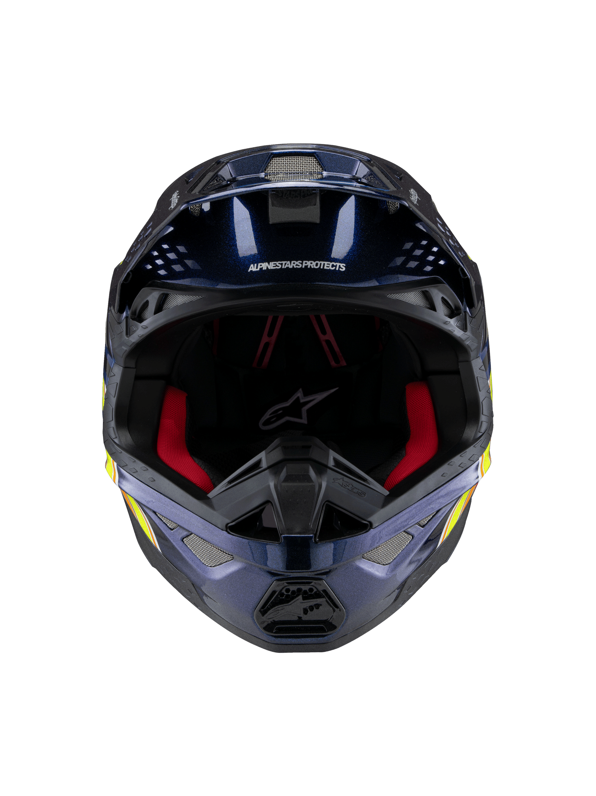 Alpinestars Supertech M10 TLD Edition 25 Helmet, Motocross Helmet, Glossy Metallic Dark Blue with Red interior padding, front-facing view showing ventilation mesh and side graphics in yellow and orange, premium off-road racing protection.