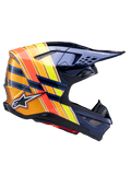 Alpinestars Supertech M10 TLD Edition 25 helm, motorcrosshelm, donker metallic blauw met levendige oranje, gele en rode strepen, zijaanzicht, glanzende afwerking met Alpinestars en Troy Lee Designs branding, aerodynamische schaal met meerdere mesh-ventilatieopeningen voor off-road racen