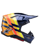 Alpinestars Supertech M10 TLD Edition 25 Helmet, Motocross Helmet, Dark Metallic Blue with vibrant orange, yellow, and red stripes, side profile view, glossy finish featuring Alpinestars and Troy Lee Designs branding, aerodynamic shell with multiple mesh vents for off-road racing