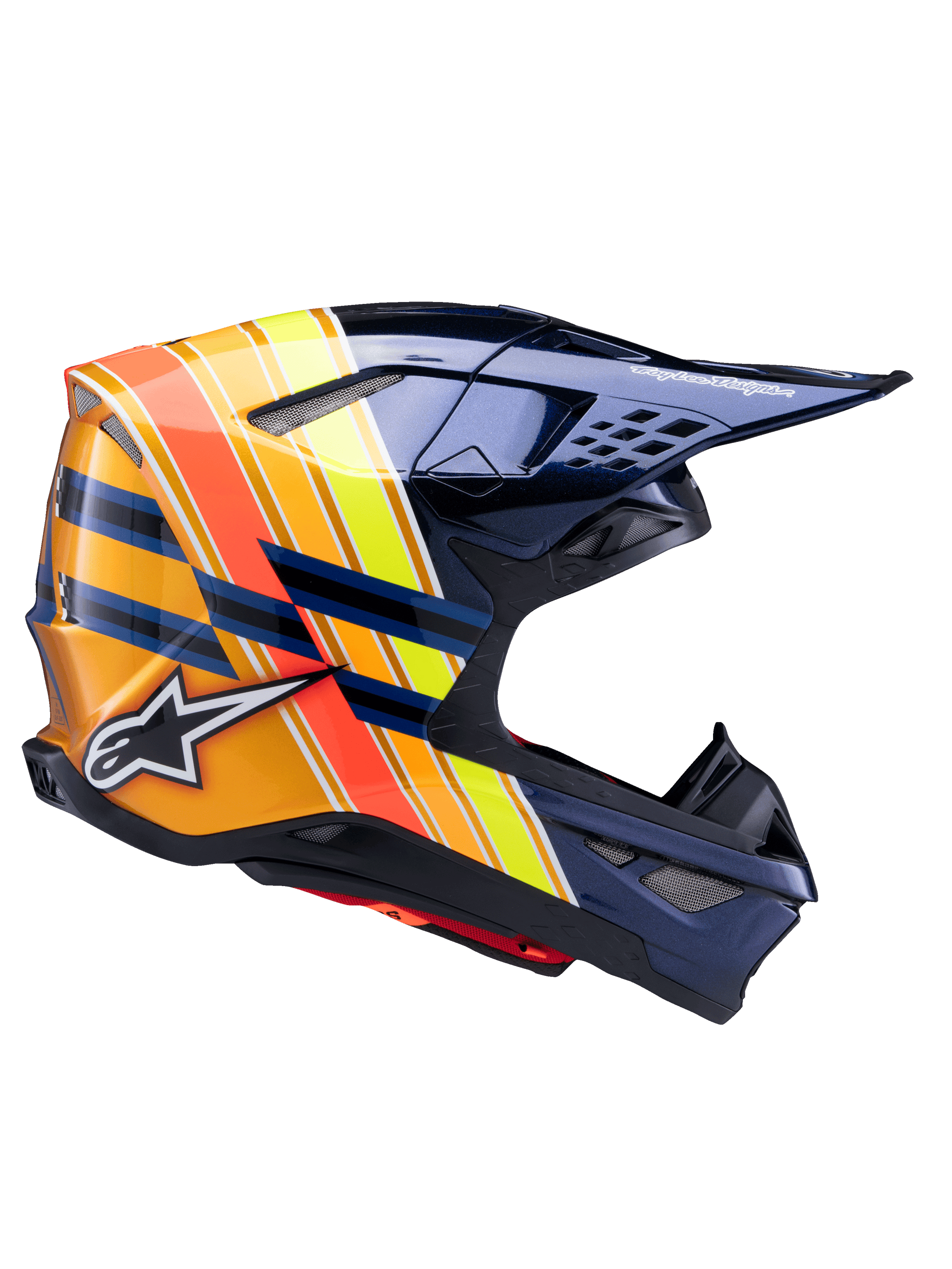 Alpinestars Supertech M10 TLD Edition 25 Helmet, Motocross Helmet, Dark Metallic Blue with vibrant orange, yellow, and red stripes, side profile view, glossy finish featuring Alpinestars and Troy Lee Designs branding, aerodynamic shell with multiple mesh vents for off-road racing
