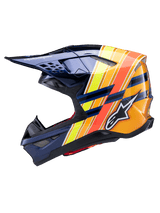 Alpinestars Supertech M10 TLD Edition 25 Helmet, side profile, glossy dark blue with vibrant orange, yellow, and fluorescent red graphic stripes, featuring the white Alpinestars logo and Troy Lee Designs branding, advanced motocross helmet for off-road performance